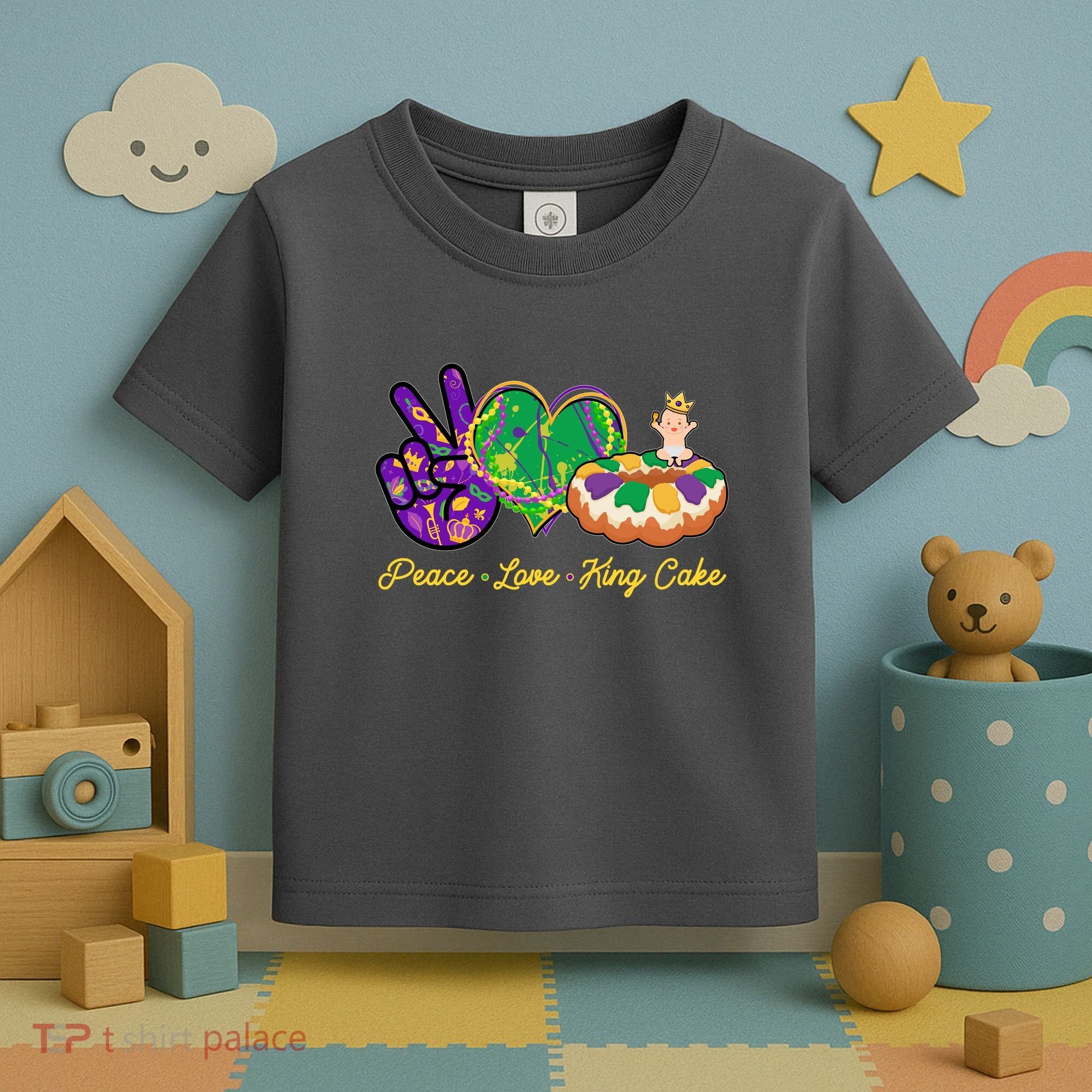 Funny Mardi Gras Peace Love King Cake Toddler T-Shirt