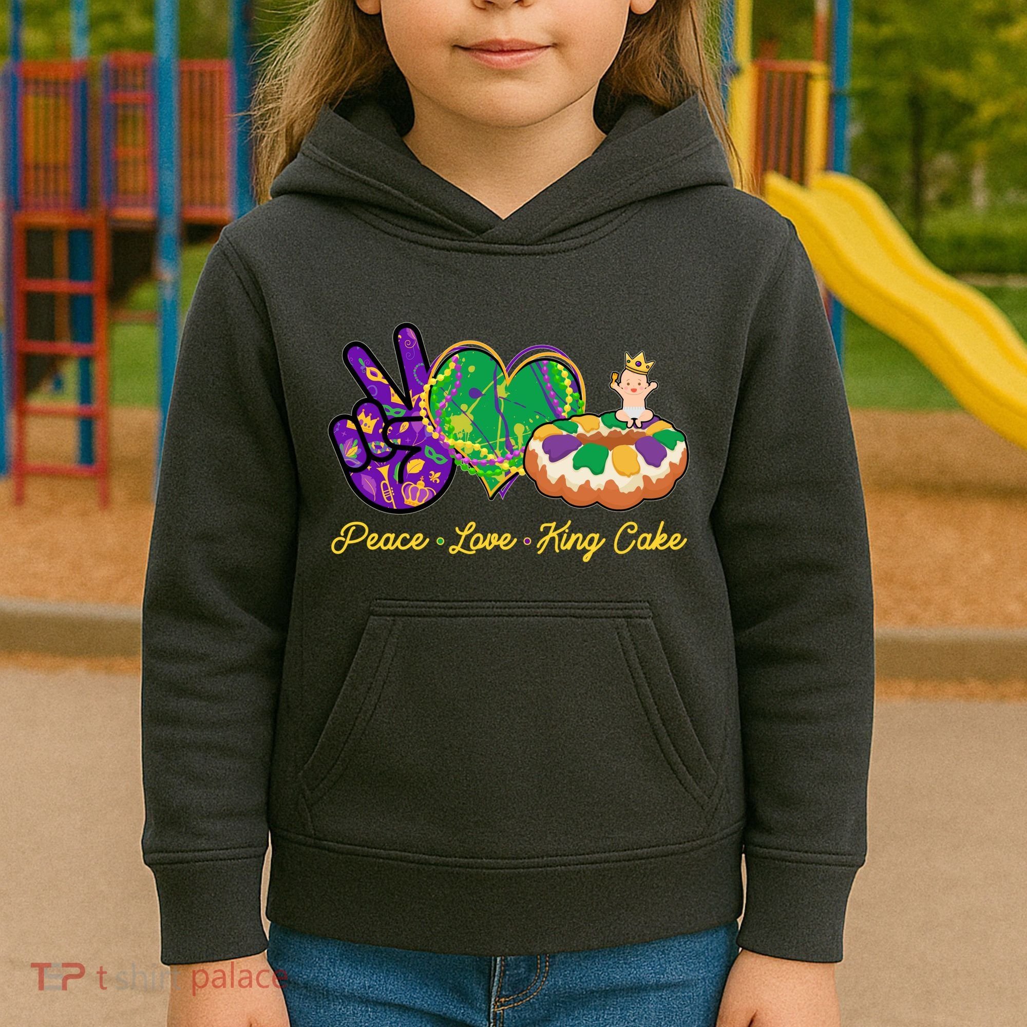 Funny Mardi Gras Peace Love King Cake Kids Hoodie