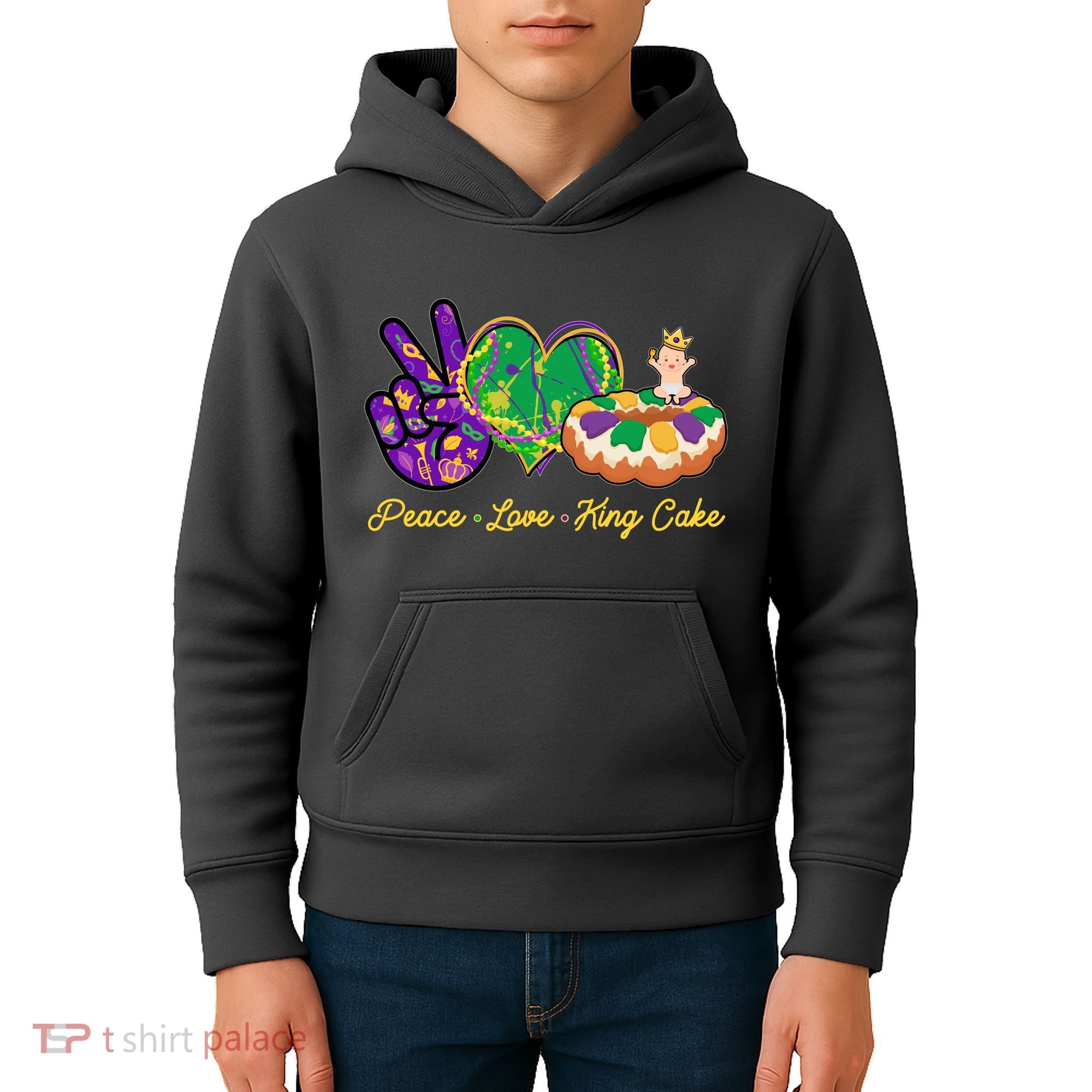 Funny Mardi Gras Peace Love King Cake Kids Hoodie