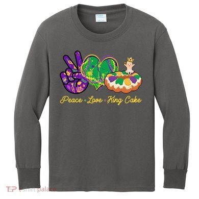Funny Mardi Gras Peace Love King Cake Kids Long Sleeve Shirt