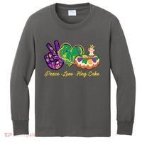 Funny Mardi Gras Peace Love King Cake Kids Long Sleeve Shirt thumb 0