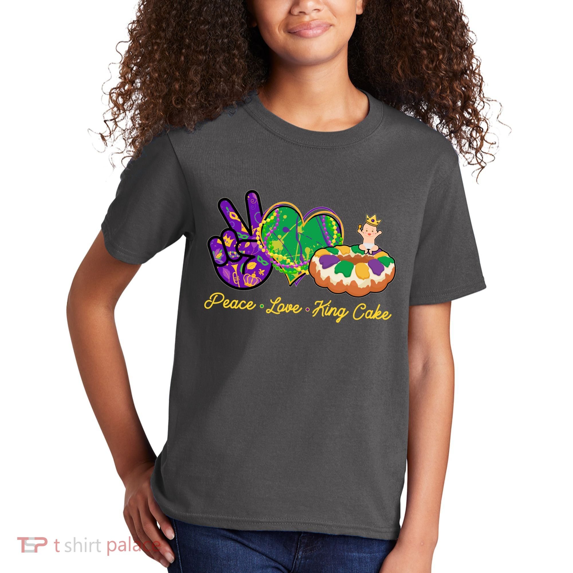 Funny Mardi Gras Peace Love King Cake Kids T-Shirt