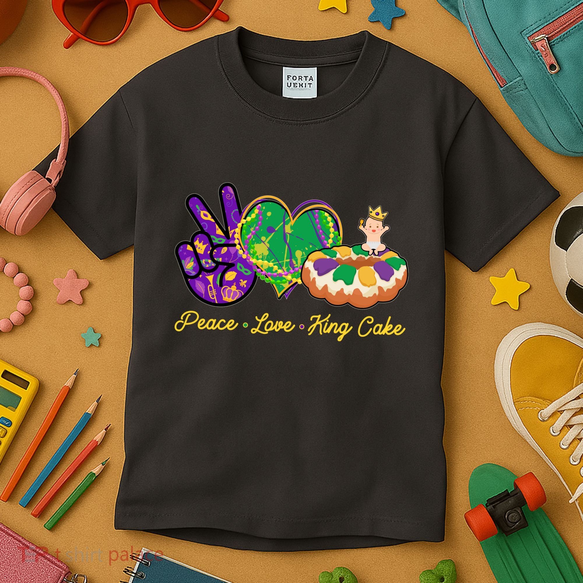 Funny Mardi Gras Peace Love King Cake Kids T-Shirt