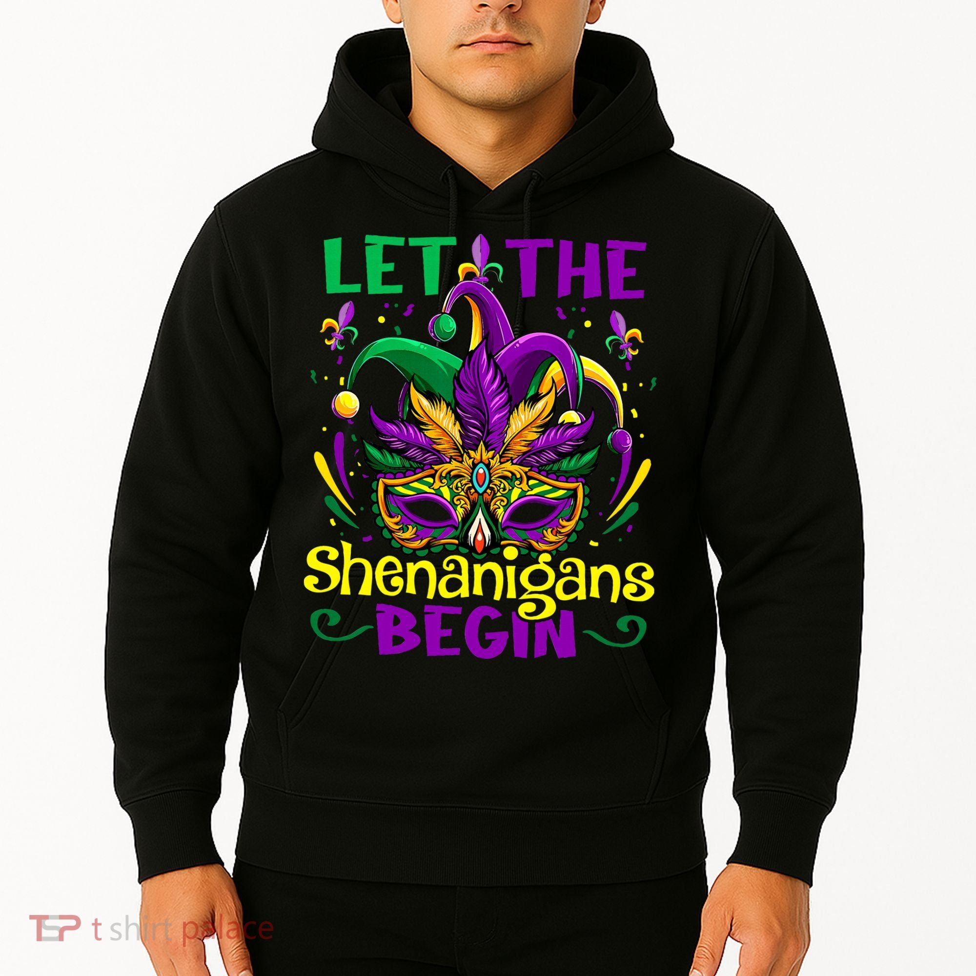 Funny Mardi Gras Let The Shenanigans Begin Mask Jester Hat Hoodie