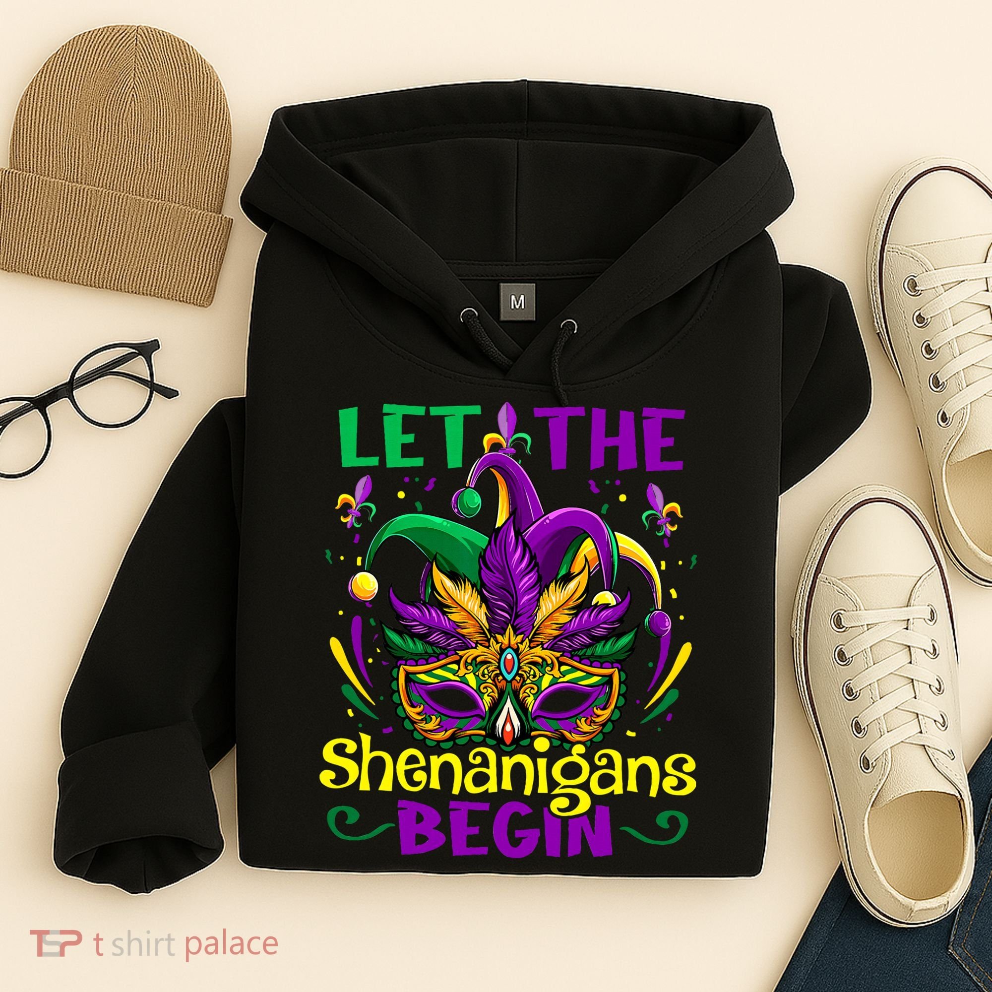 Funny Mardi Gras Let The Shenanigans Begin Mask Jester Hat Hoodie