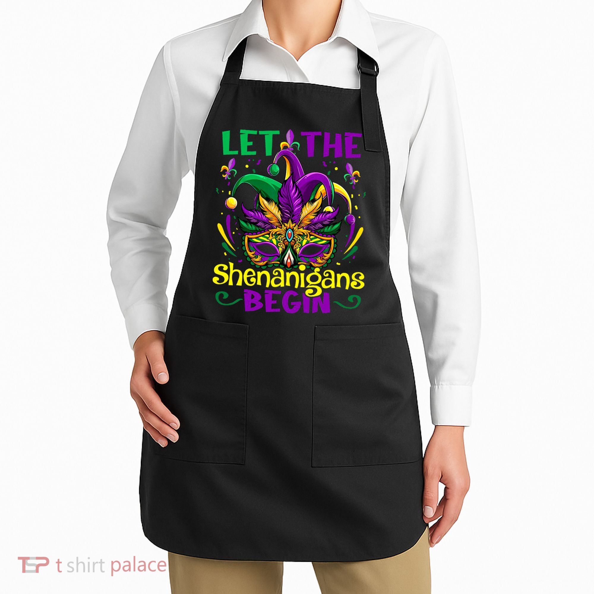 Funny Mardi Gras Let The Shenanigans Begin Mask Jester Hat Apron