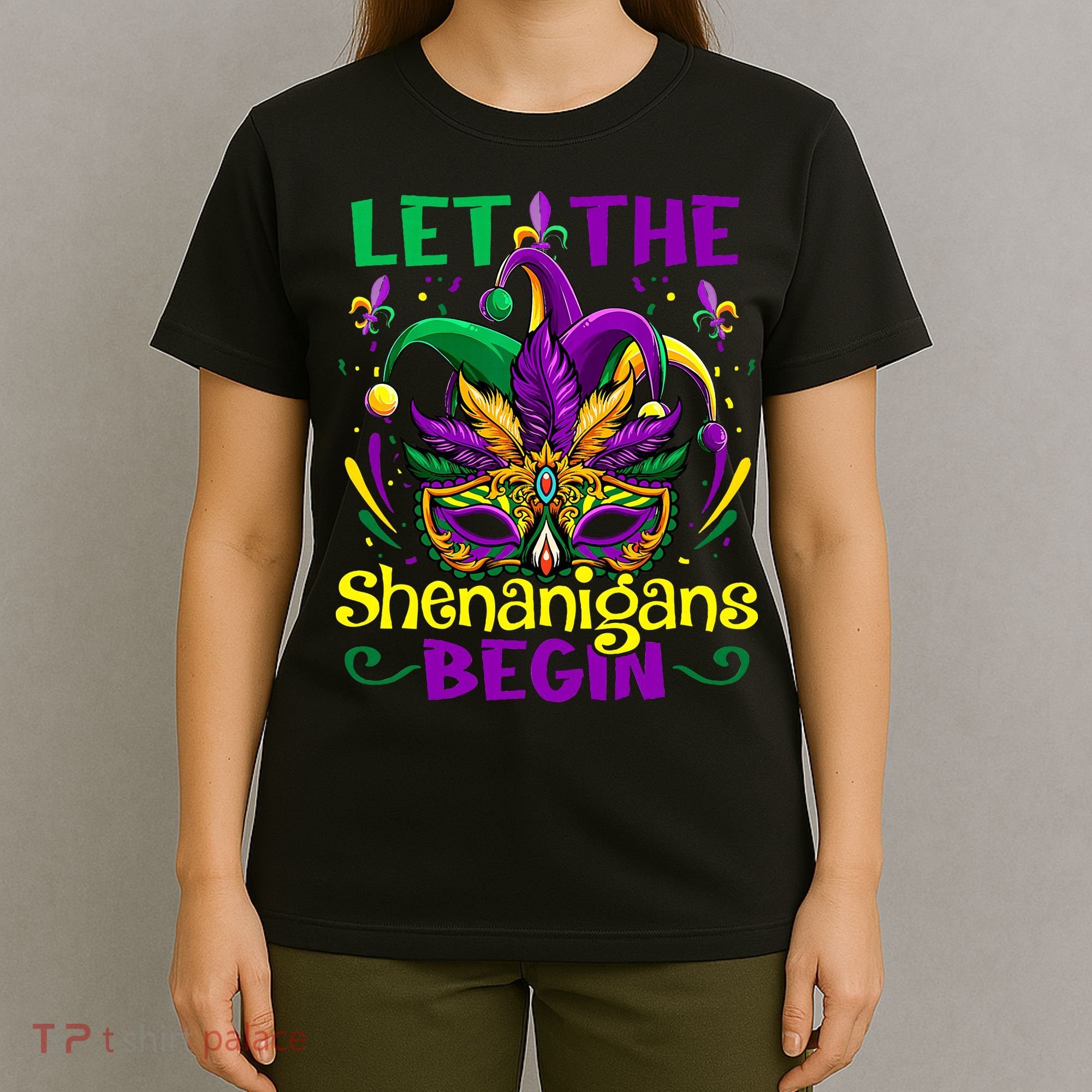 Funny Mardi Gras Let The Shenanigans Begin Mask Jester Hat T-Shirt
