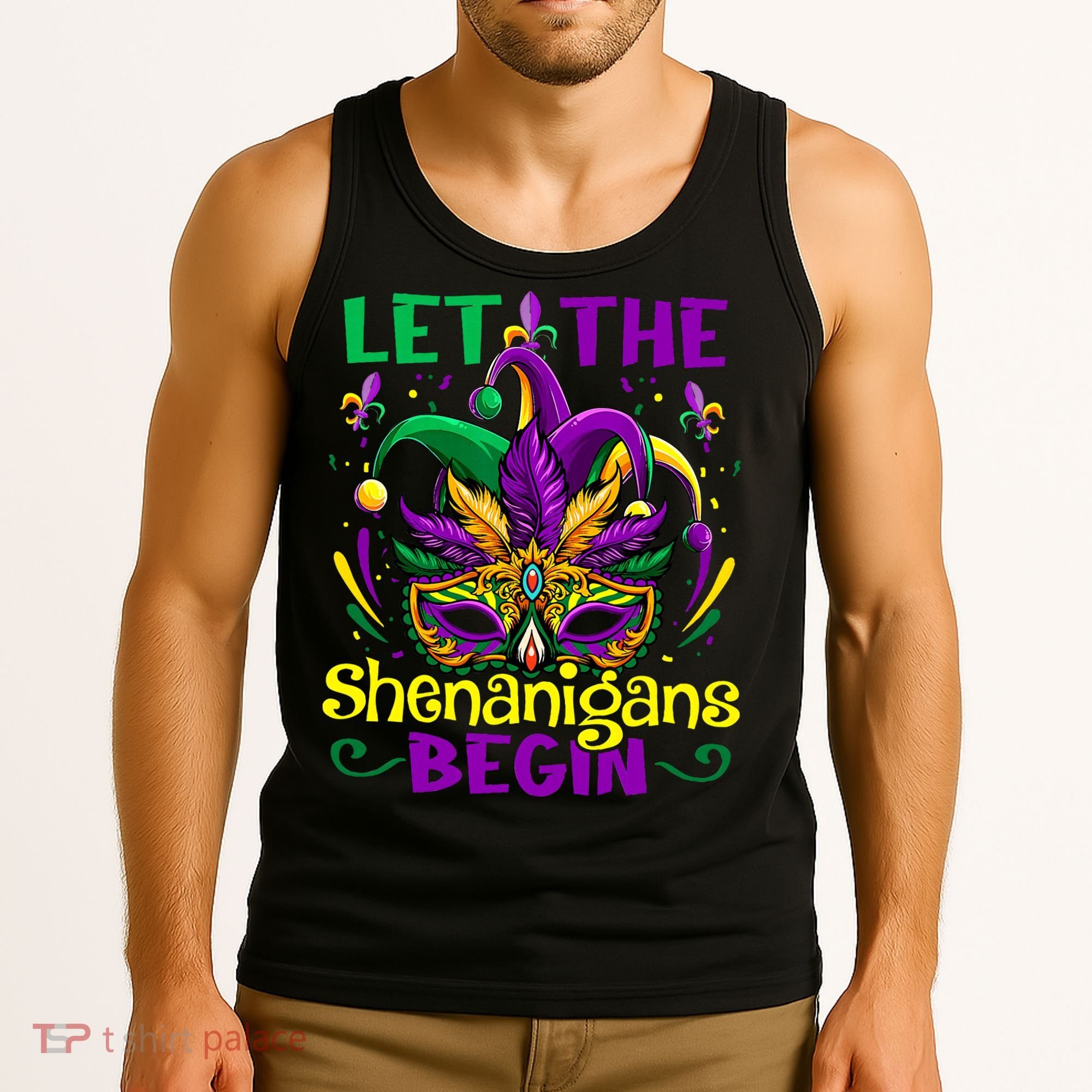 Funny Mardi Gras Let The Shenanigans Begin Mask Jester Hat Tank Top