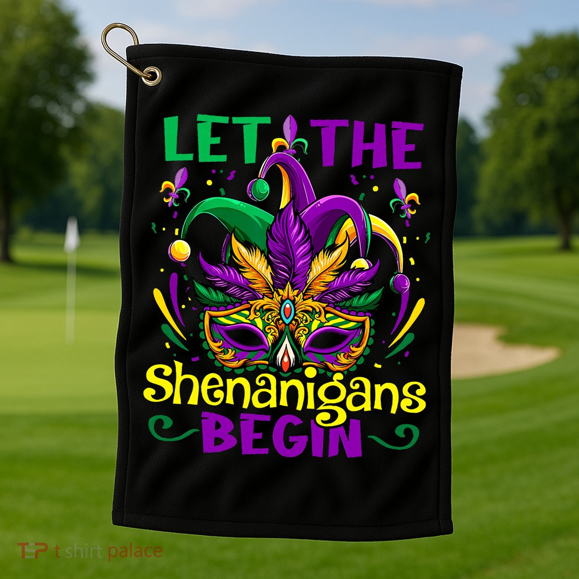 Funny Mardi Gras Let The Shenanigans Begin Mask Jester Hat Golf Towel