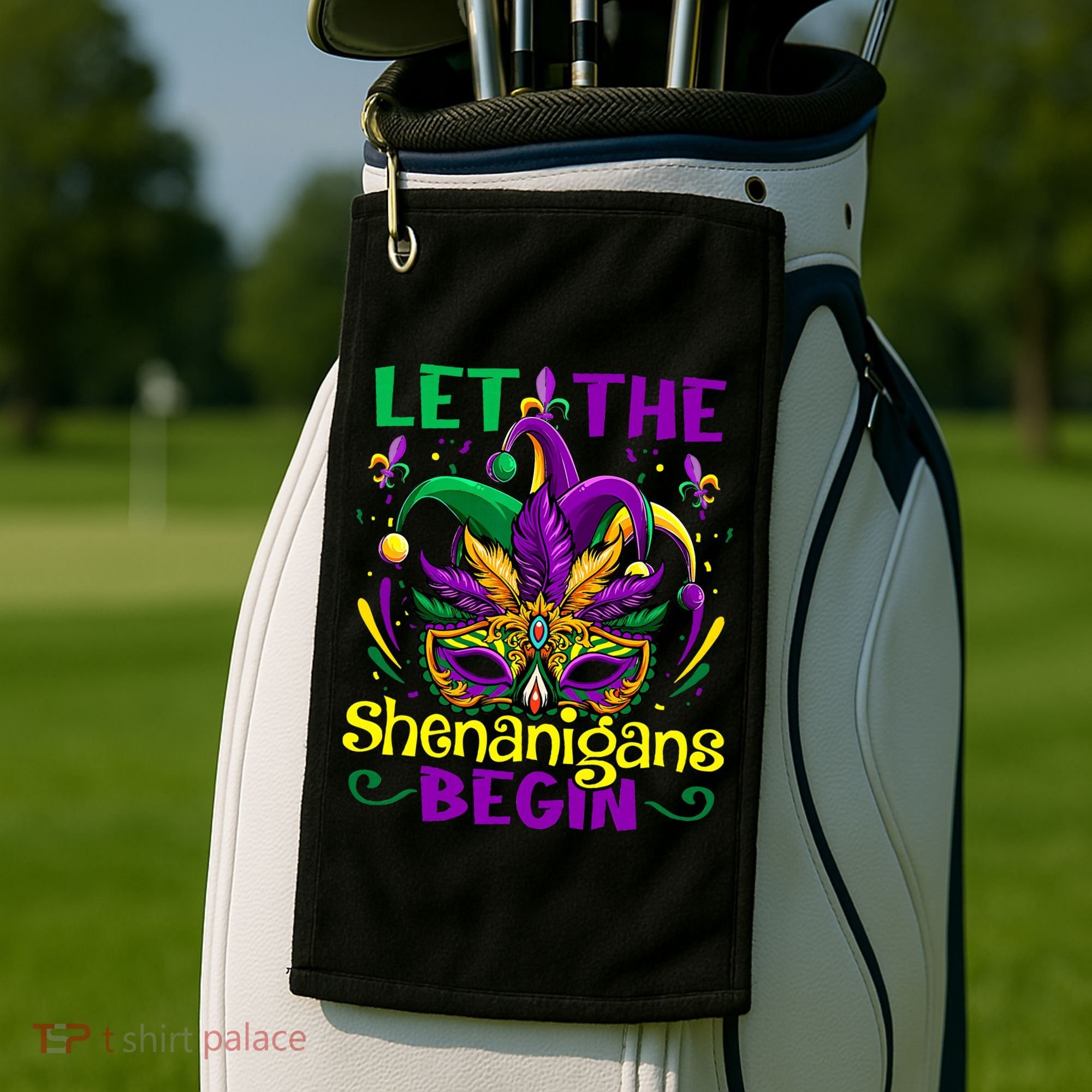 Funny Mardi Gras Let The Shenanigans Begin Mask Jester Hat Golf Towel