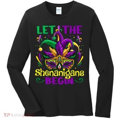 Funny Mardi Gras Let The Shenanigans Begin Mask Jester Hat Women's Long Sleeve Shirt