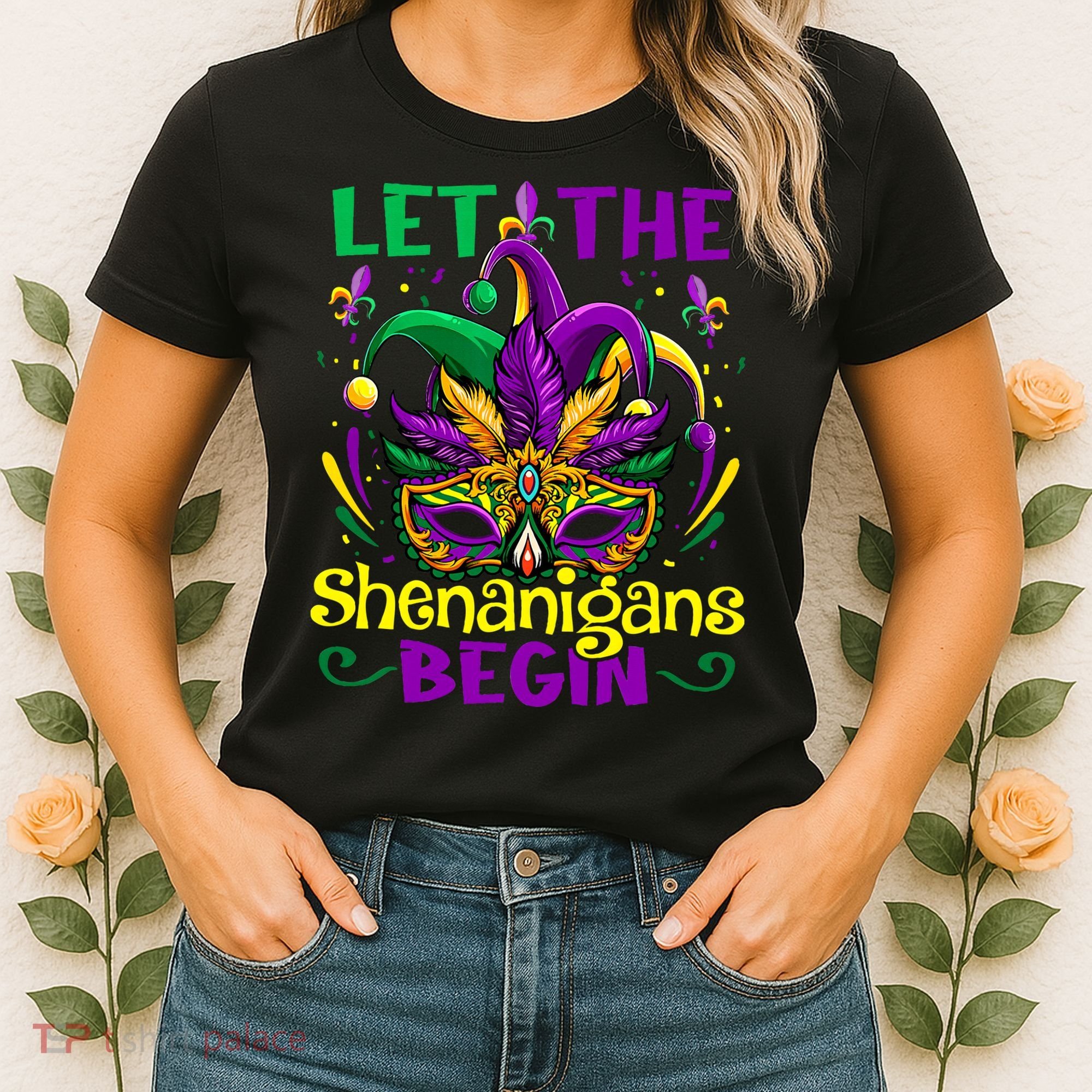 Funny Mardi Gras Let The Shenanigans Begin Mask Jester Hat Women's T-Shirt