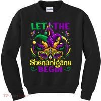 Funny Mardi Gras Let The Shenanigans Begin Mask Jester Hat Kids Sweatshirt thumb 0