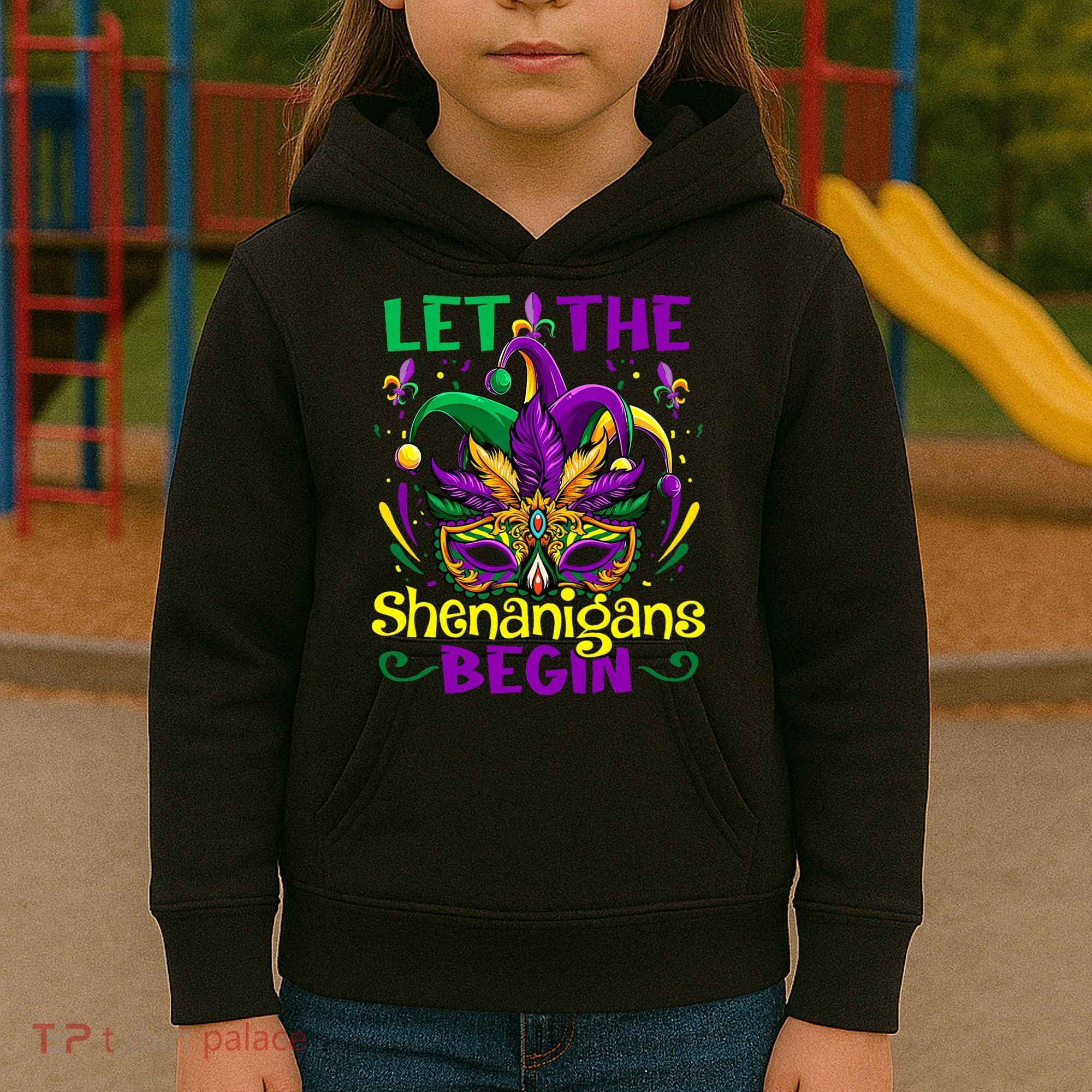 Funny Mardi Gras Let The Shenanigans Begin Mask Jester Hat Kids Hoodie