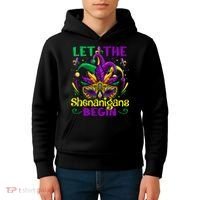 Funny Mardi Gras Let The Shenanigans Begin Mask Jester Hat Kids Hoodie thumb 4