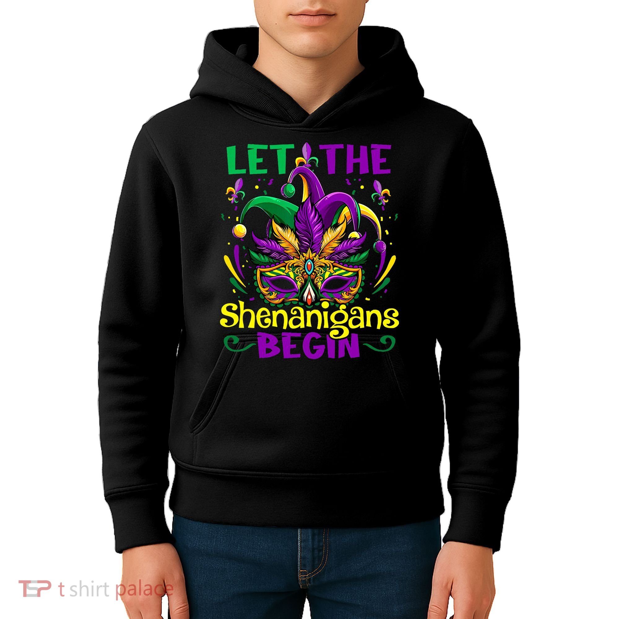 Funny Mardi Gras Let The Shenanigans Begin Mask Jester Hat Kids Hoodie