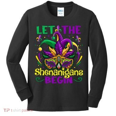 Funny Mardi Gras Let The Shenanigans Begin Mask Jester Hat Kids Long Sleeve Shirt