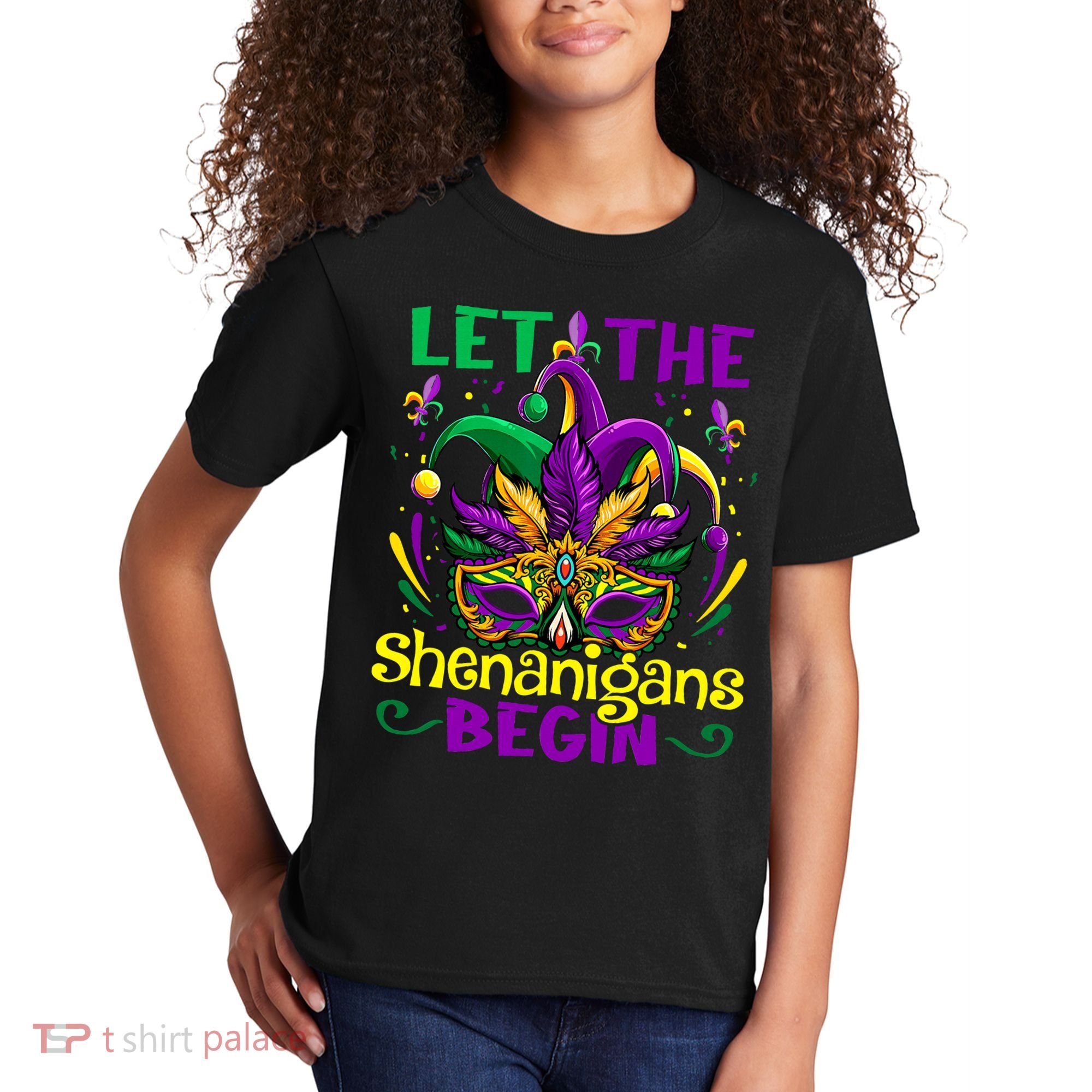 Funny Mardi Gras Let The Shenanigans Begin Mask Jester Hat Kids T-Shirt