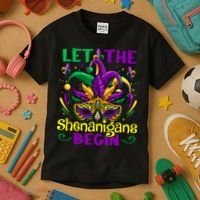 Funny Mardi Gras Let The Shenanigans Begin Mask Jester Hat Kids T-Shirt thumb 3