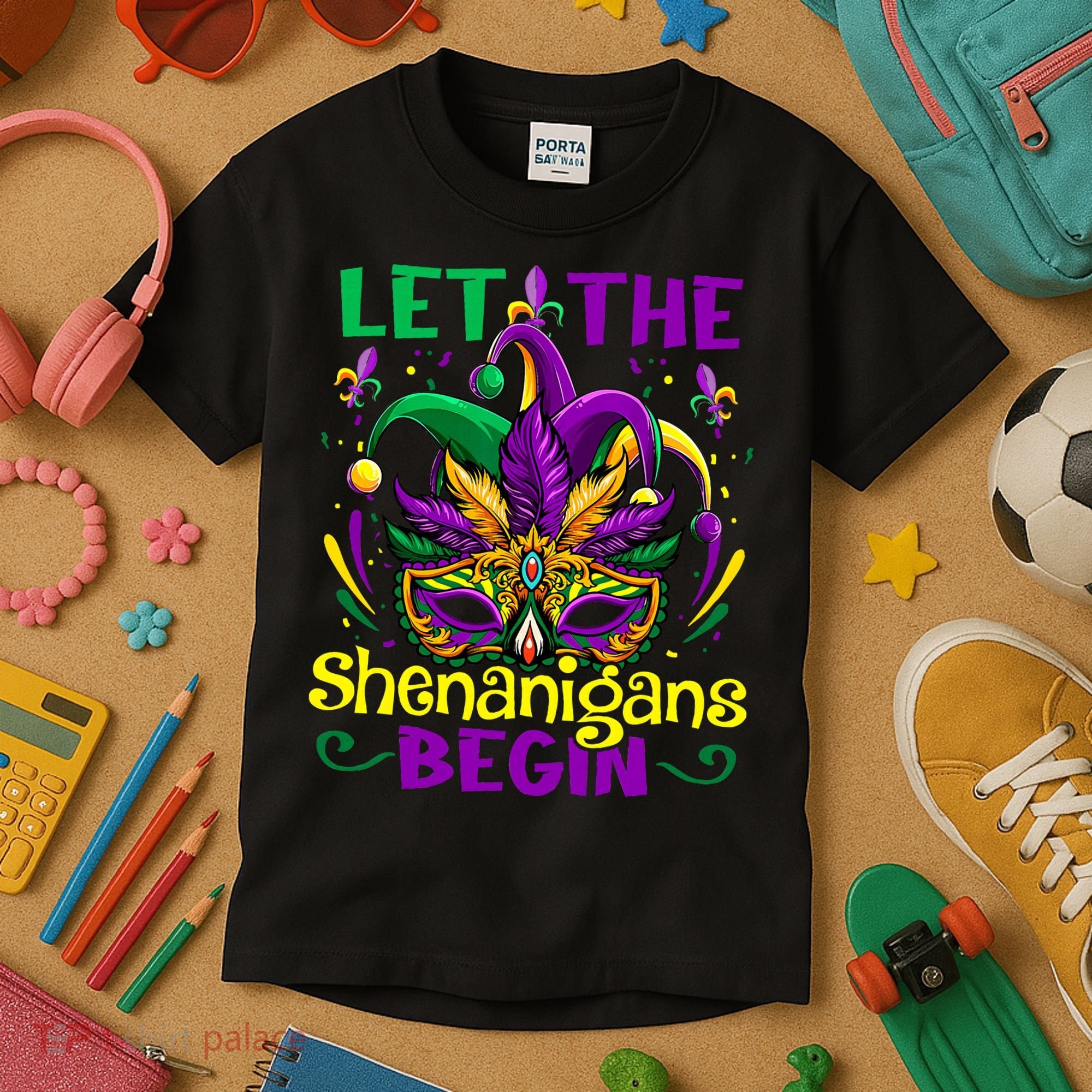 Funny Mardi Gras Let The Shenanigans Begin Mask Jester Hat Kids T-Shirt
