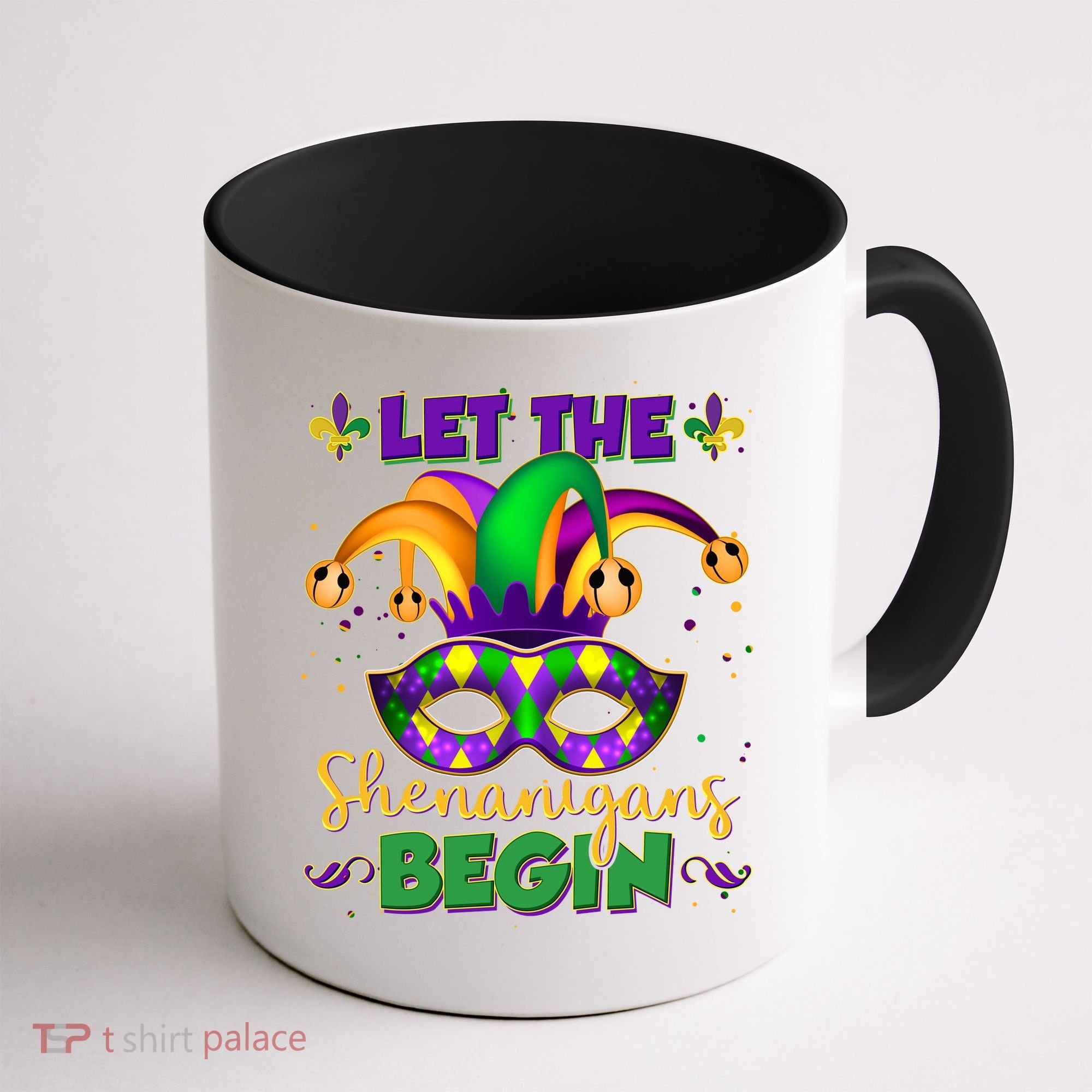 Funny Mardi Gras Let The Shenanigans Begin Jester Hat Mask Coffee Mug
