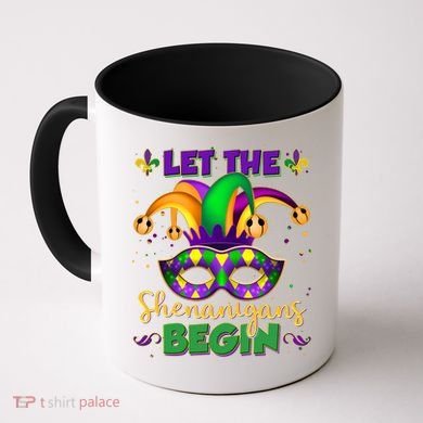 Funny Mardi Gras Let The Shenanigans Begin Jester Hat Mask Coffee Mug