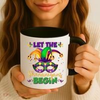 Funny Mardi Gras Let The Shenanigans Begin Jester Hat Mask Coffee Mug thumb 3