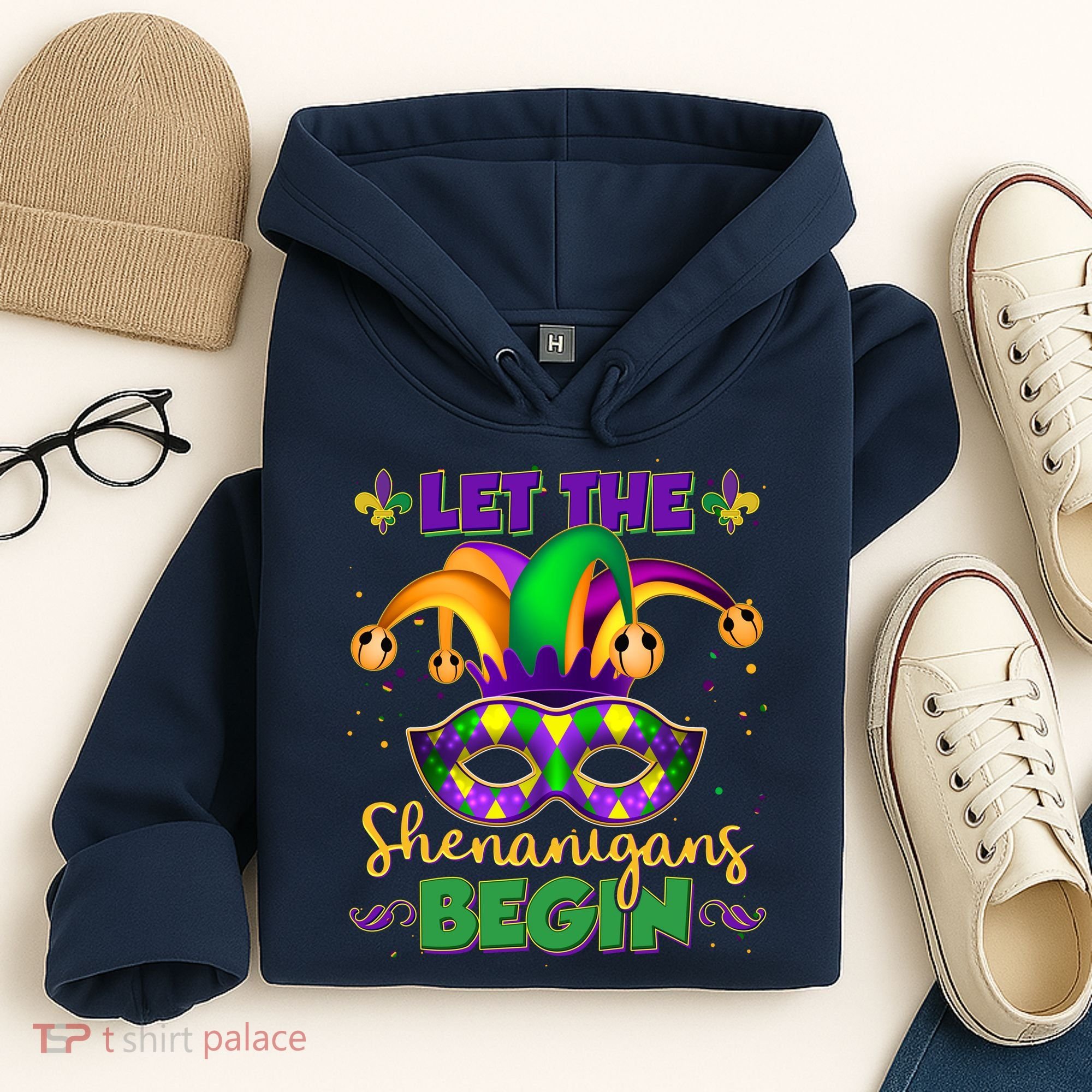 Funny Mardi Gras Let The Shenanigans Begin Jester Hat Mask Hoodie