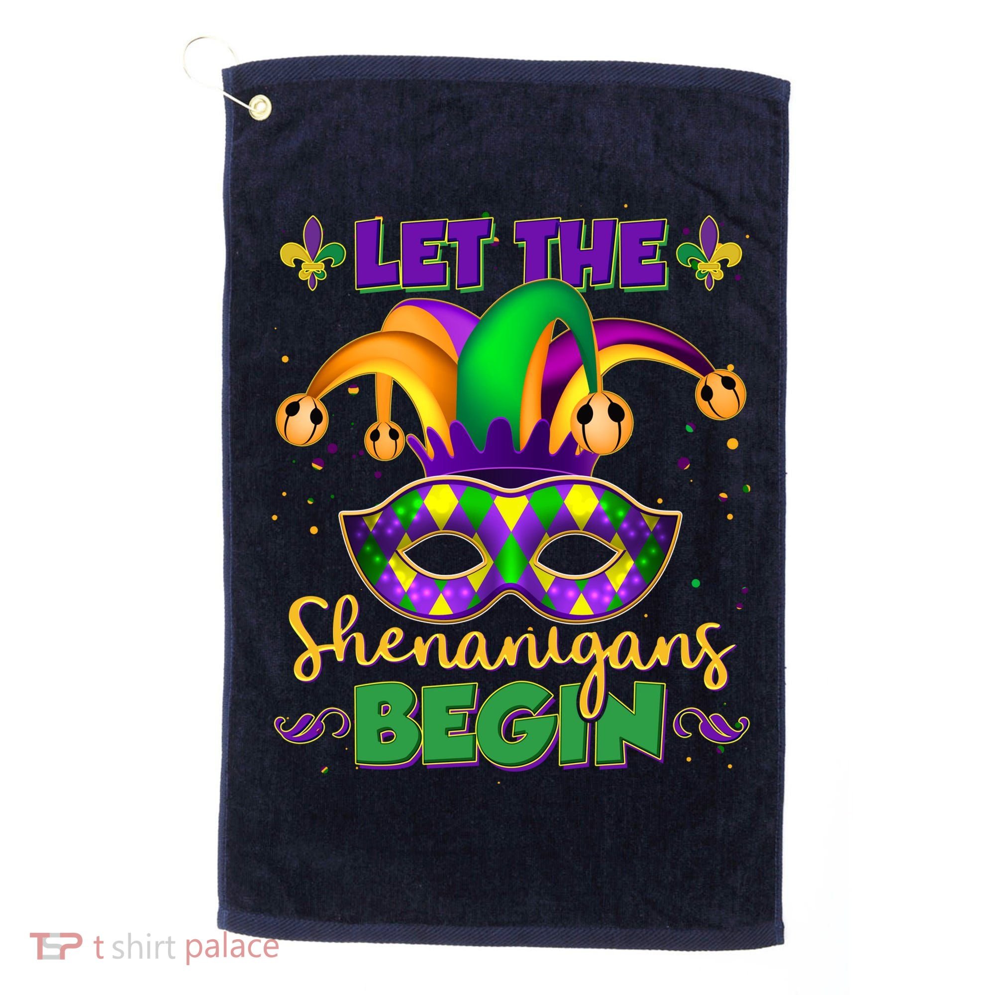 Funny Mardi Gras Let The Shenanigans Begin Jester Hat Mask Golf Towel