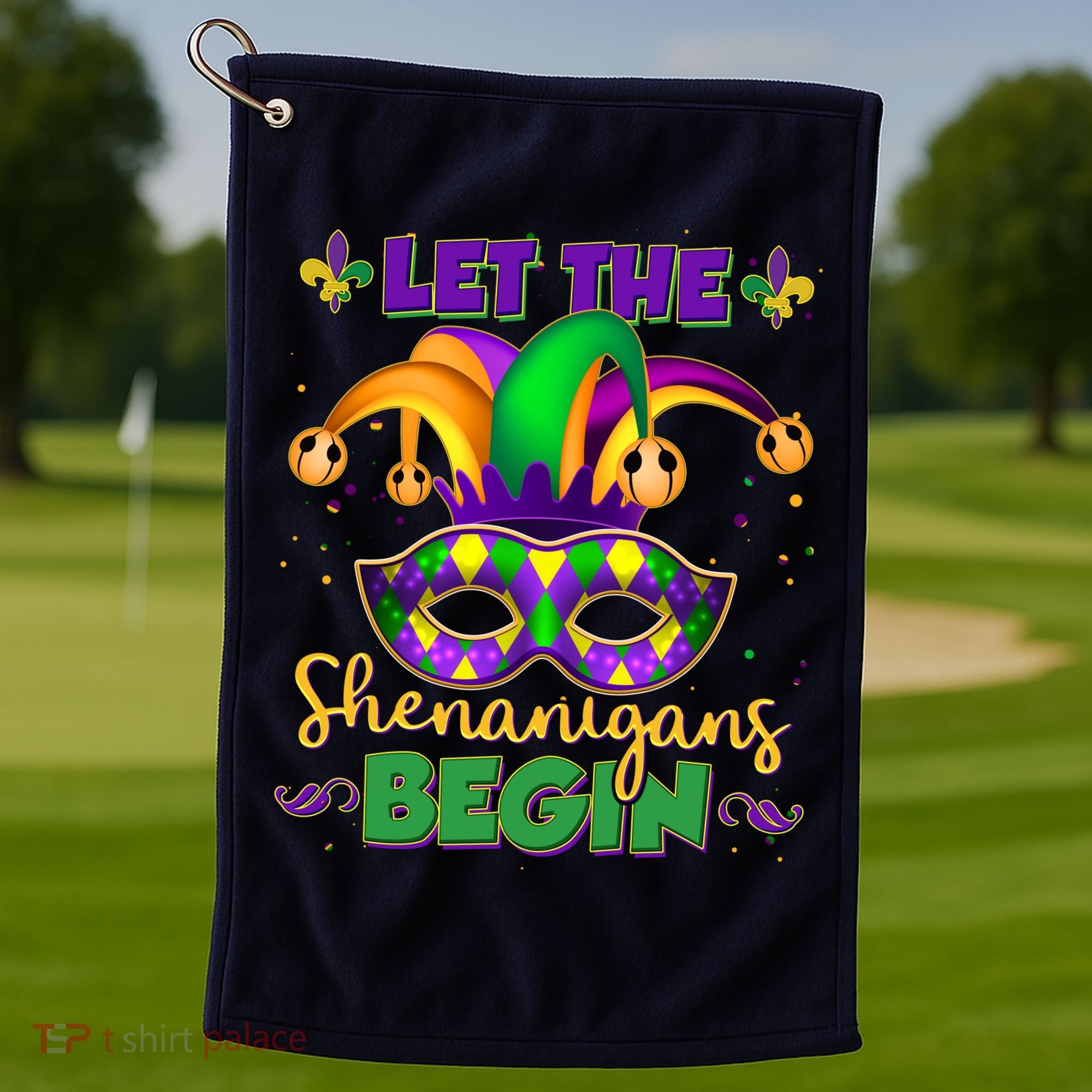 Funny Mardi Gras Let The Shenanigans Begin Jester Hat Mask Golf Towel