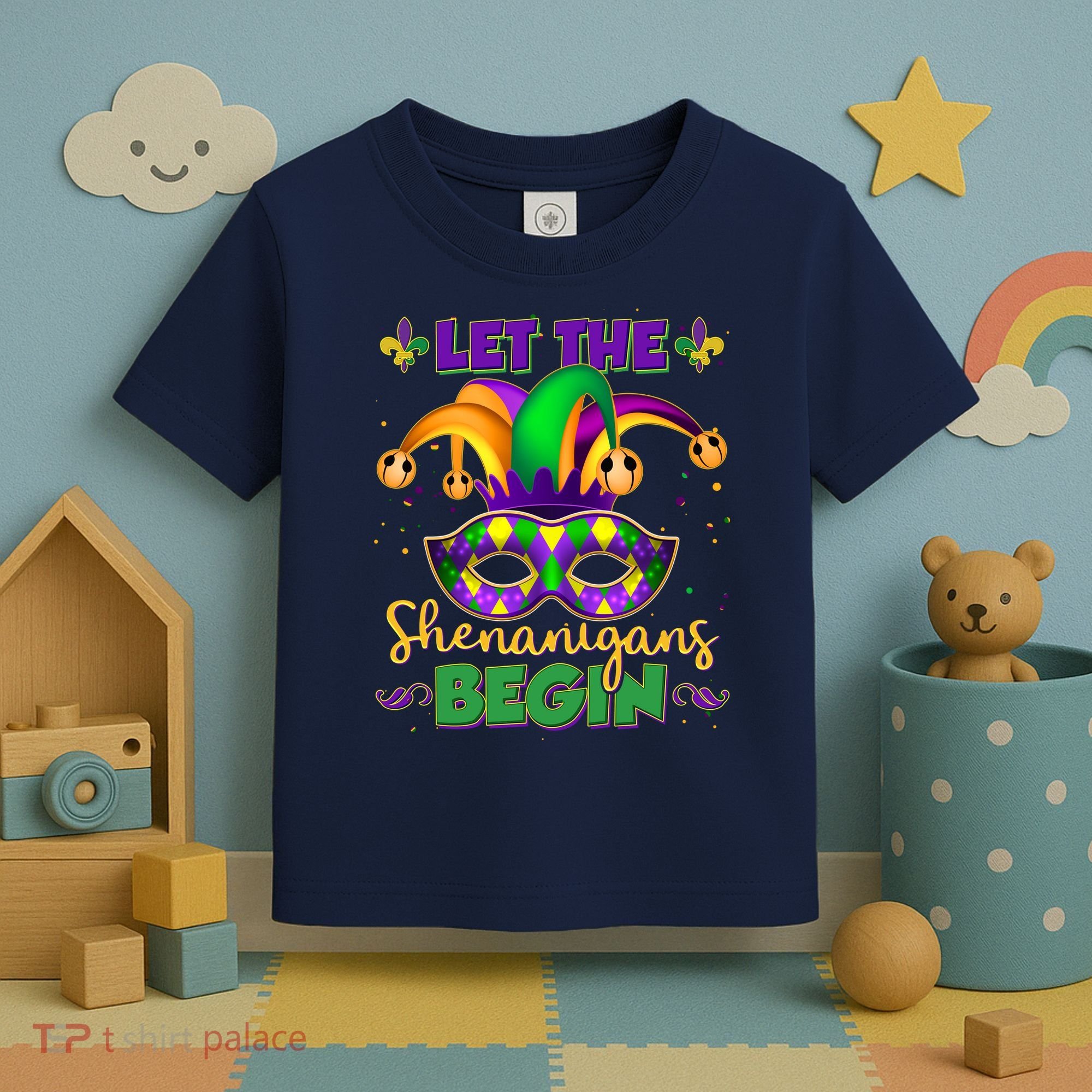 Funny Mardi Gras Let The Shenanigans Begin Jester Hat Mask Toddler T-Shirt