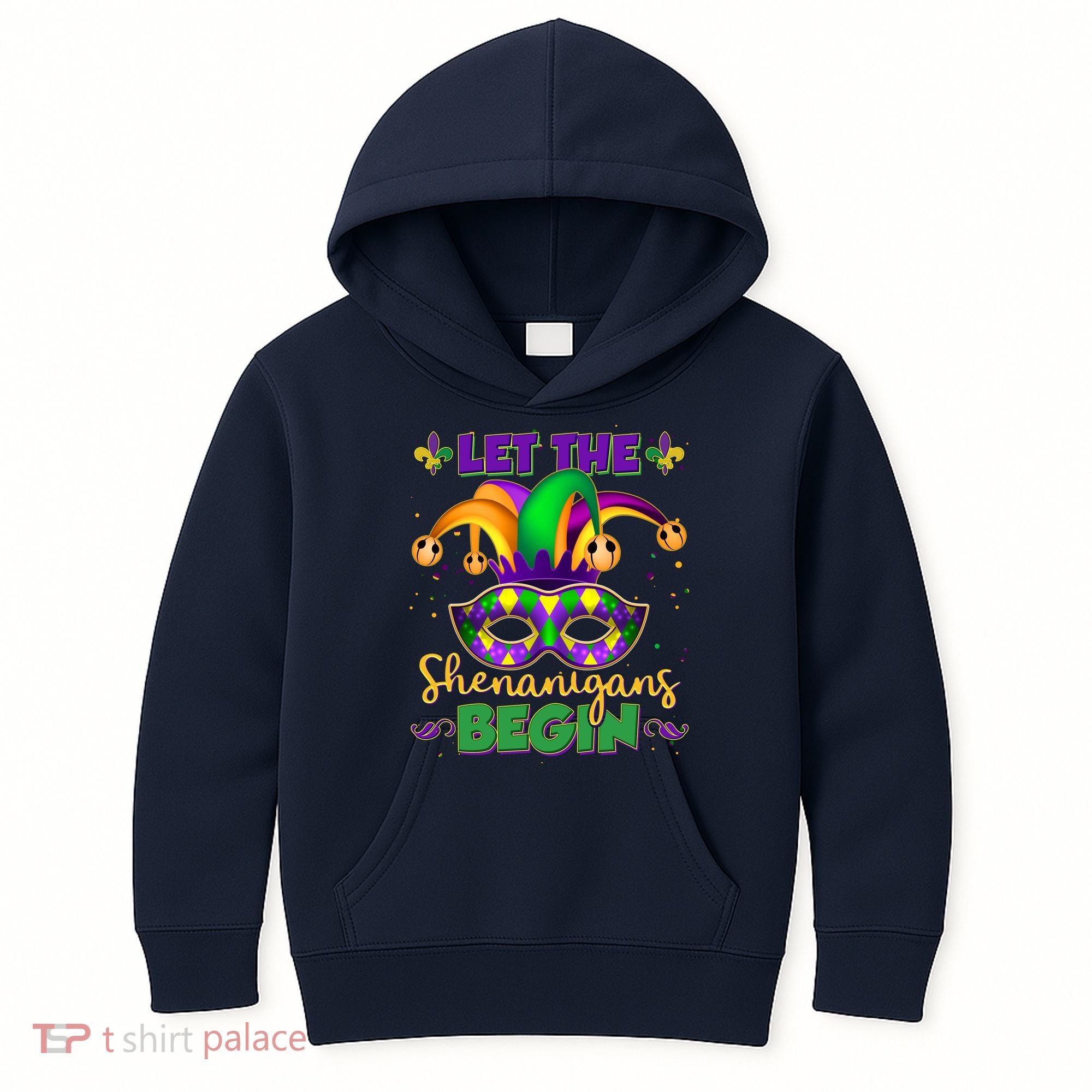 Funny Mardi Gras Let The Shenanigans Begin Jester Hat Mask Kids Hoodie