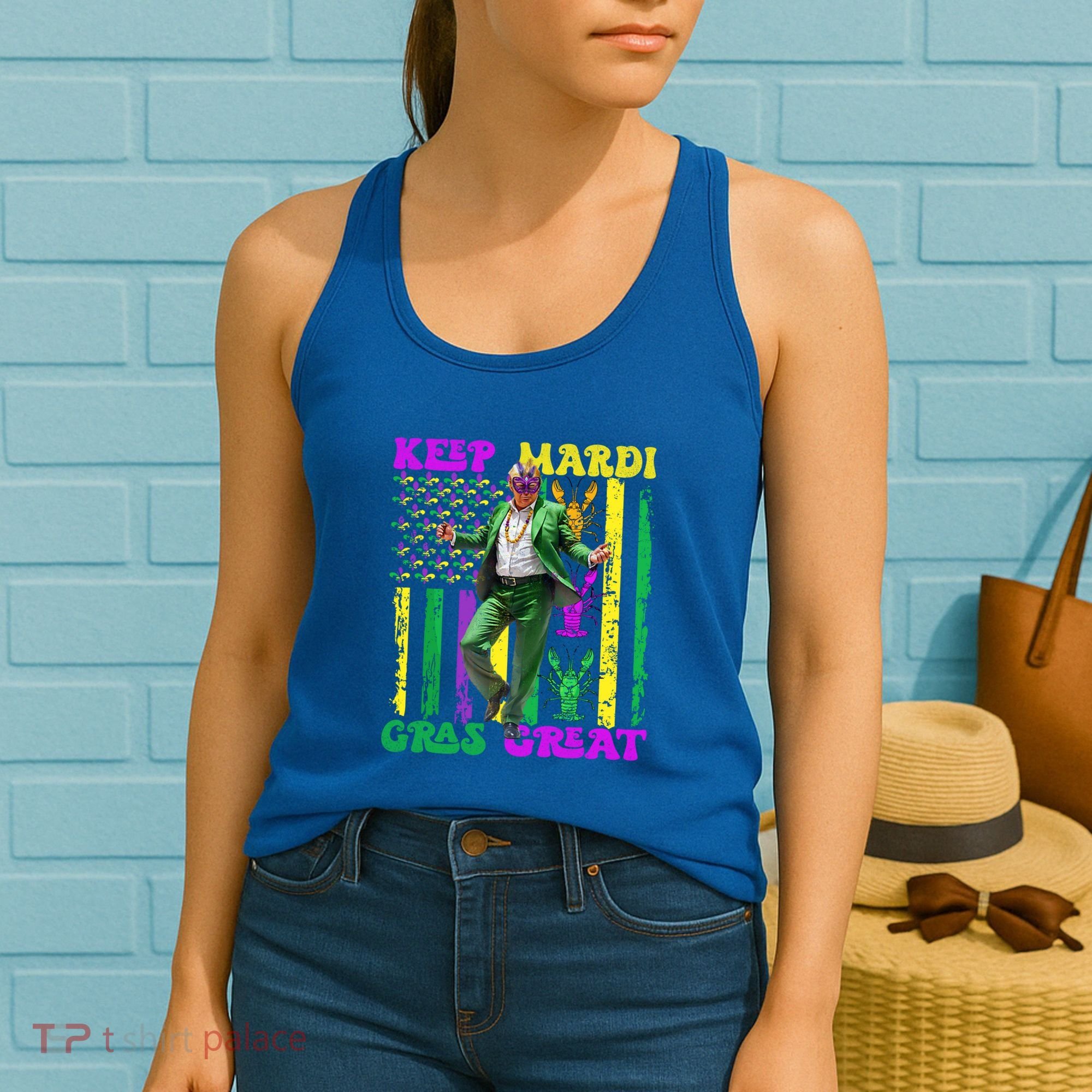 Funny Mardi Gras Donald Trump Dance American Flag Crawfish Gift Women's Tank Top