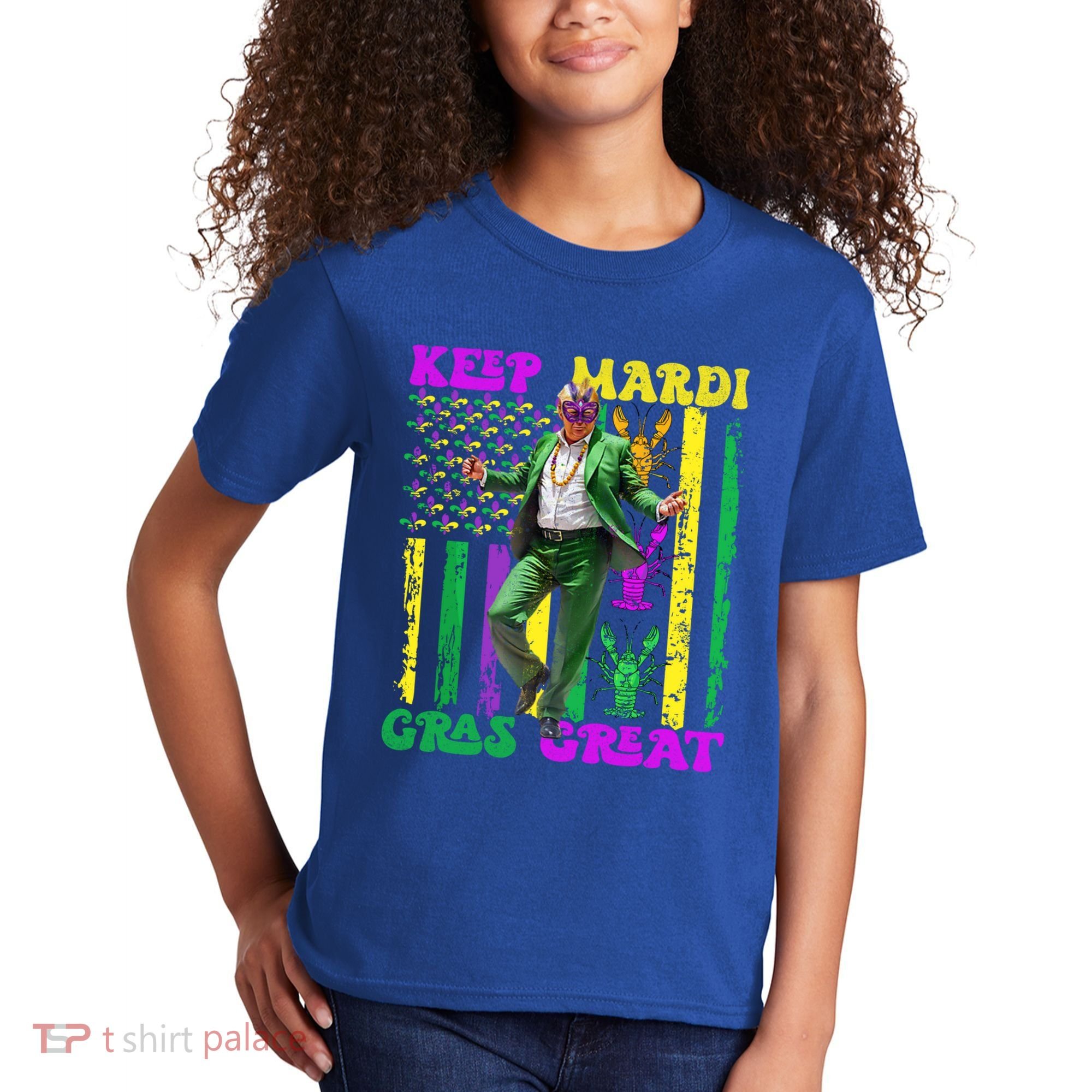 Funny Mardi Gras Donald Trump Dance American Flag Crawfish Gift Kids T-Shirt