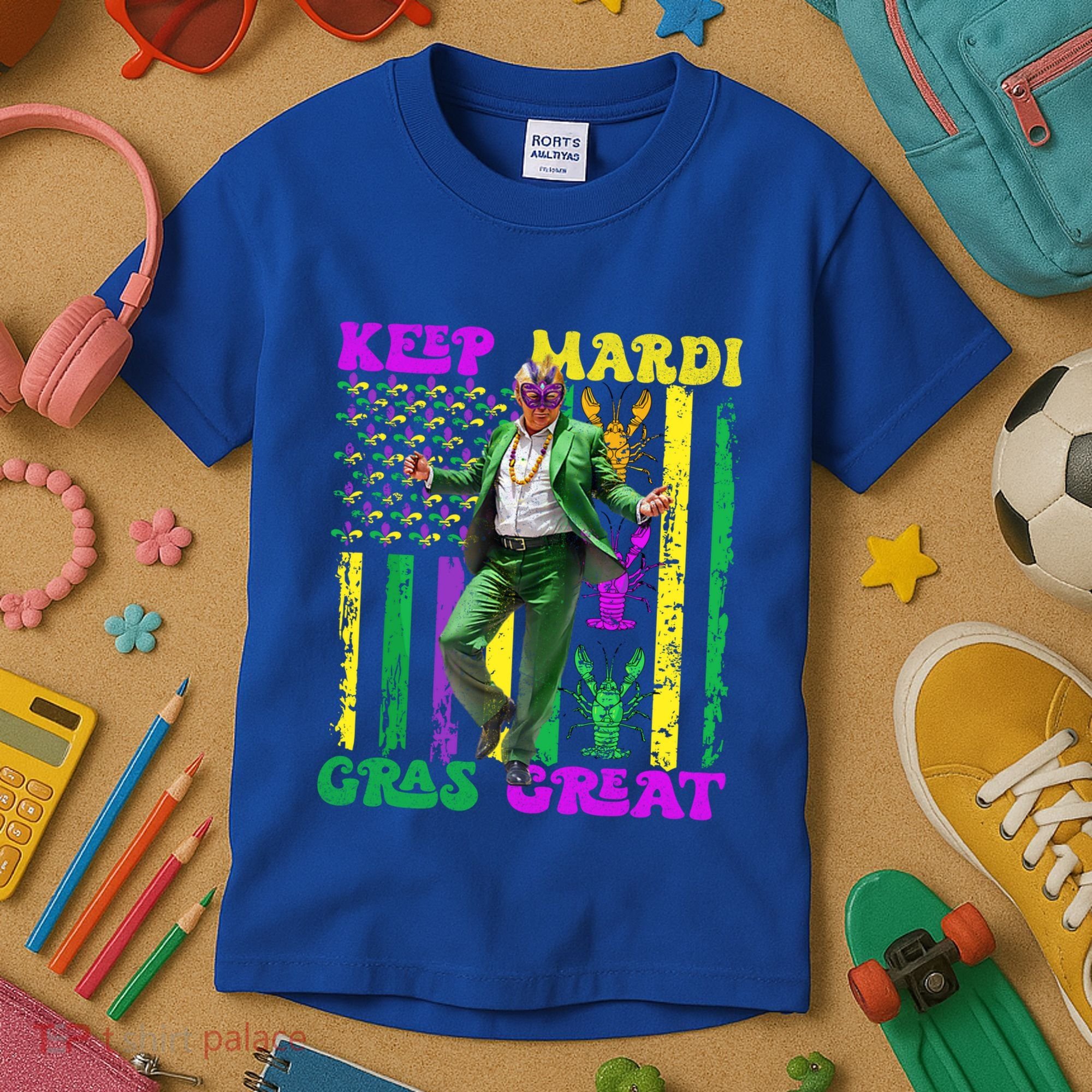 Funny Mardi Gras Donald Trump Dance American Flag Crawfish Gift Kids T-Shirt