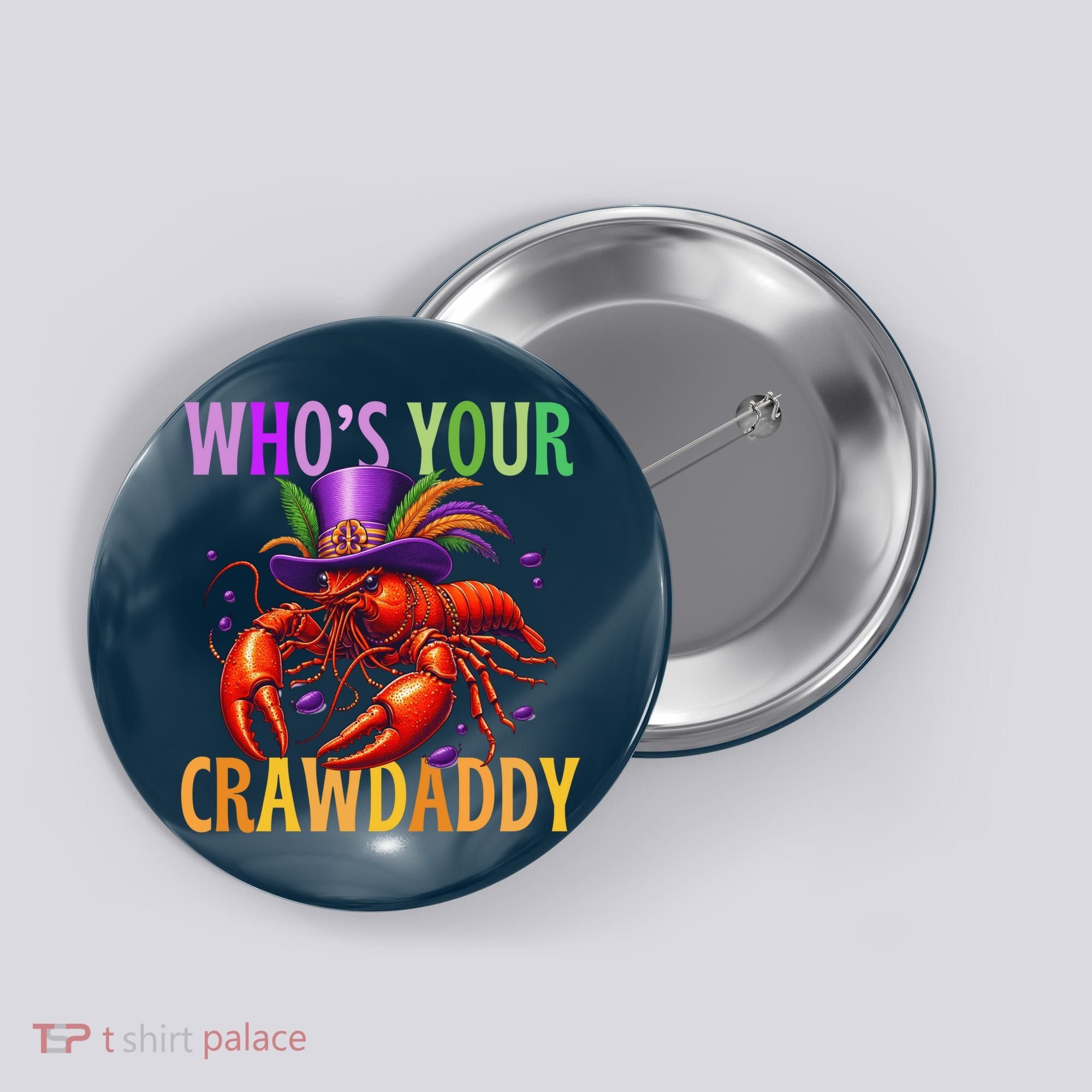 Funny Mardi Gras Crawfish With Beads And Feathers Button