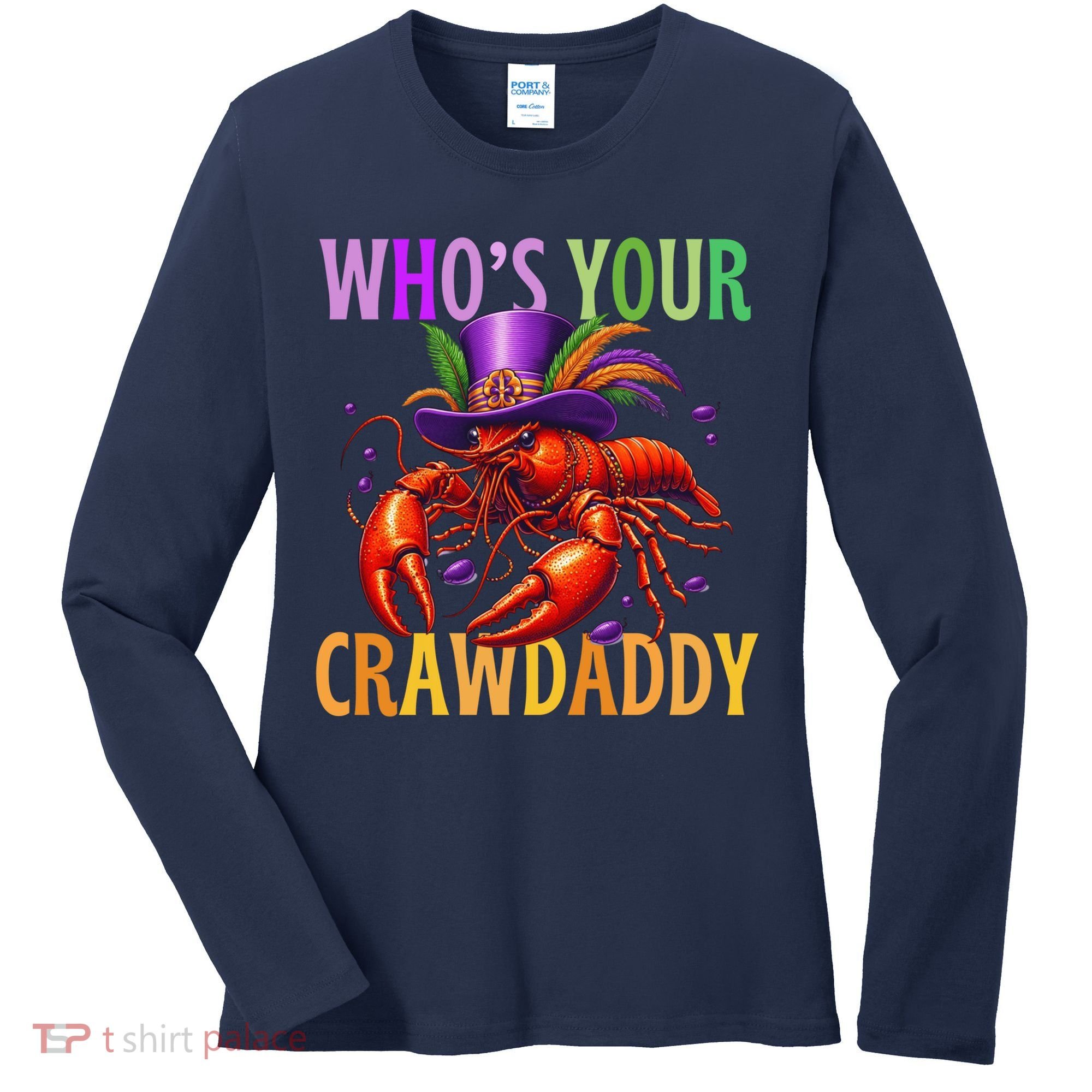 Funny Mardi Gras Crawfish With Beads And Feathers Women's Long Sleeve Shirt