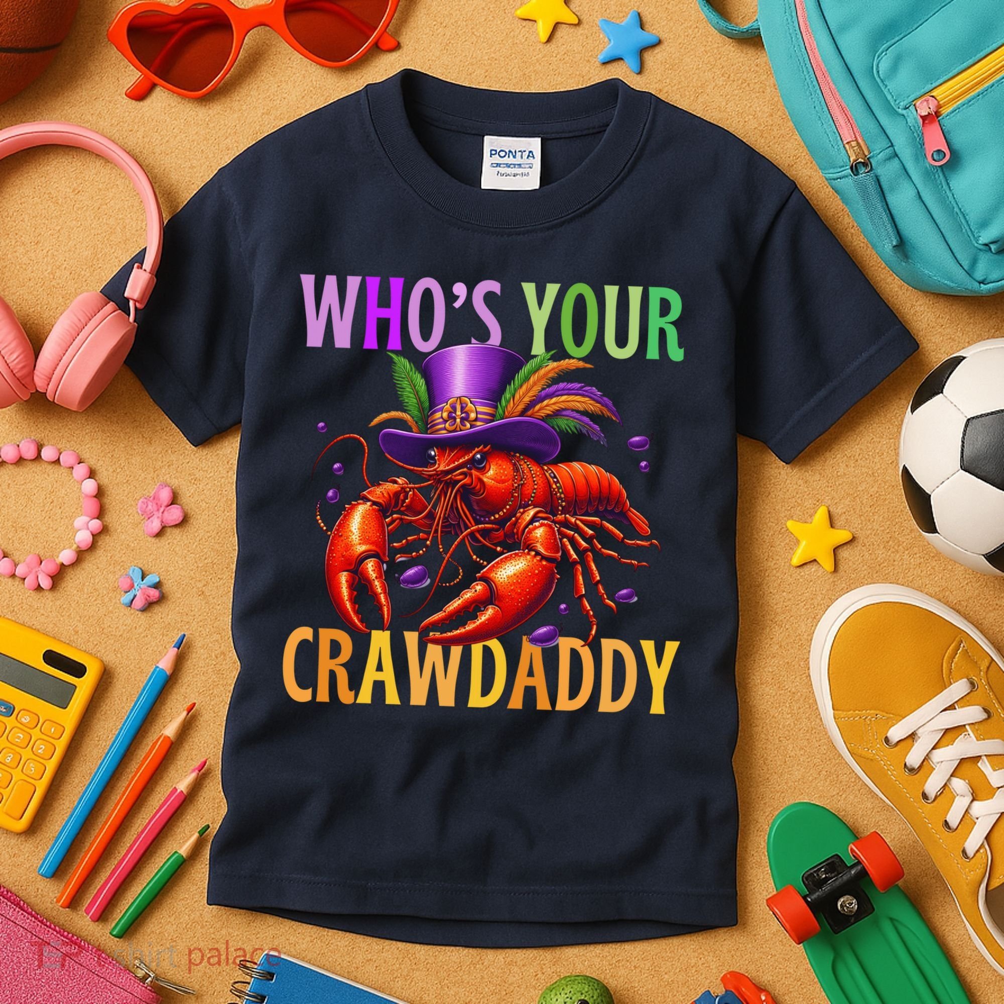 Funny Mardi Gras Crawfish With Beads And Feathers Kids T-Shirt