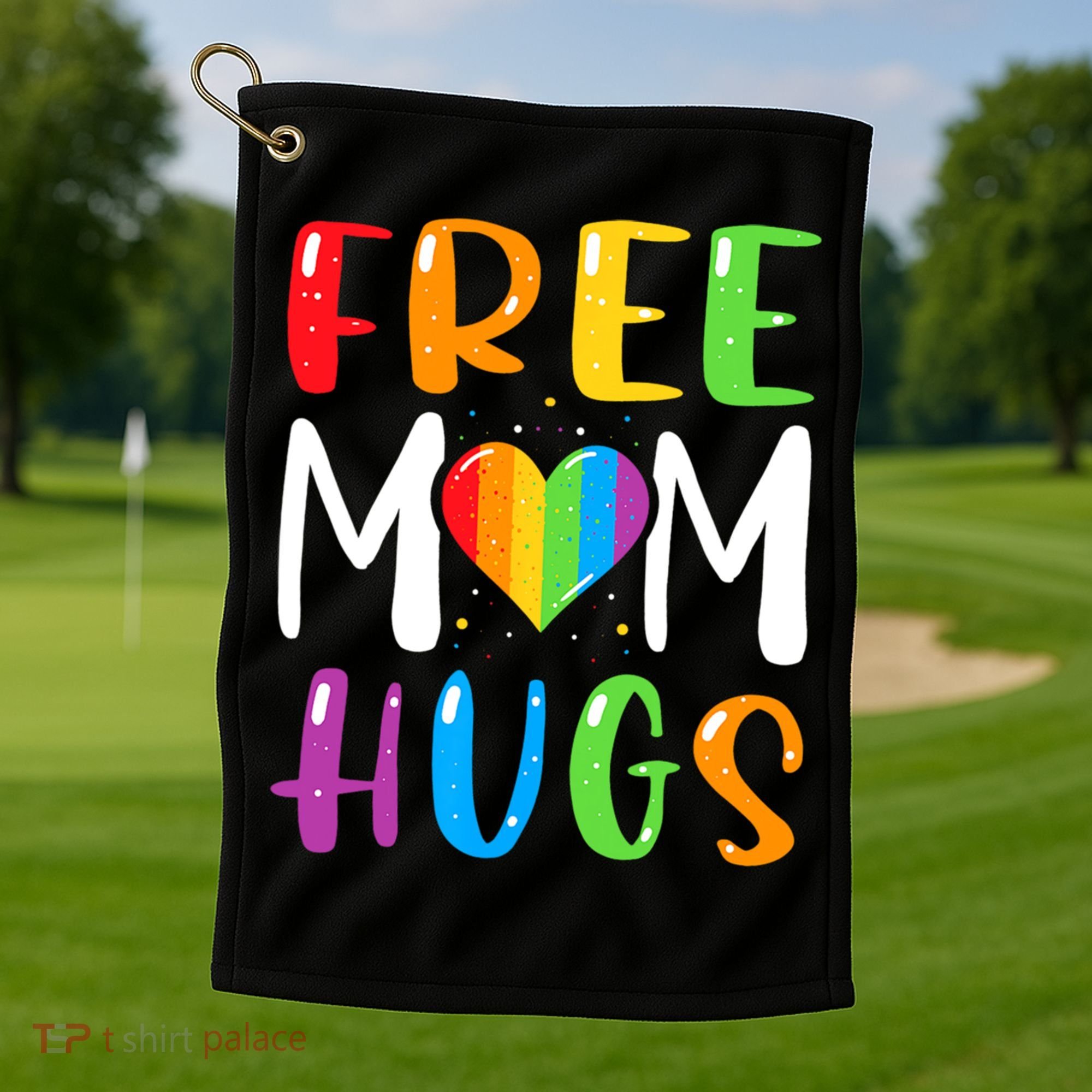 Free Mom Hugs Rainbow Heart Lgbt Pride Month Gift Golf Towel