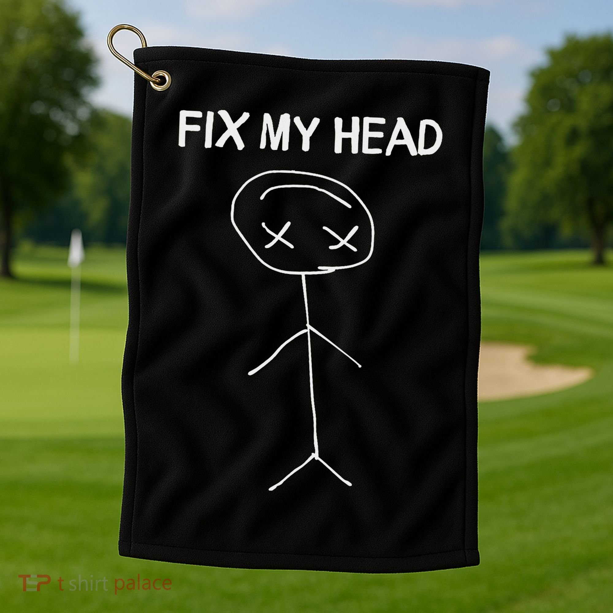 Fix My Head Minimalist Stick Figure Humor Golf Towel