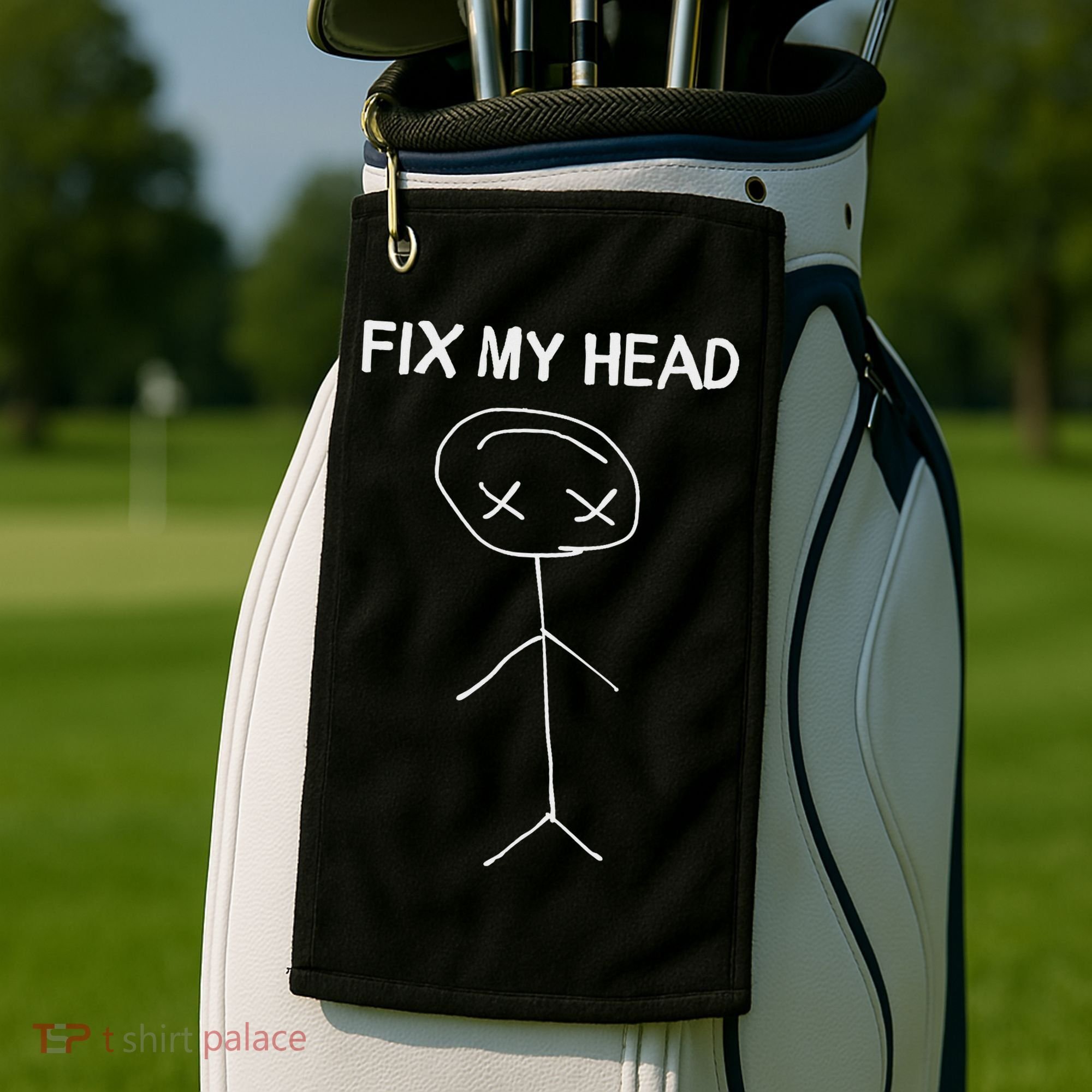 Fix My Head Minimalist Stick Figure Humor Golf Towel
