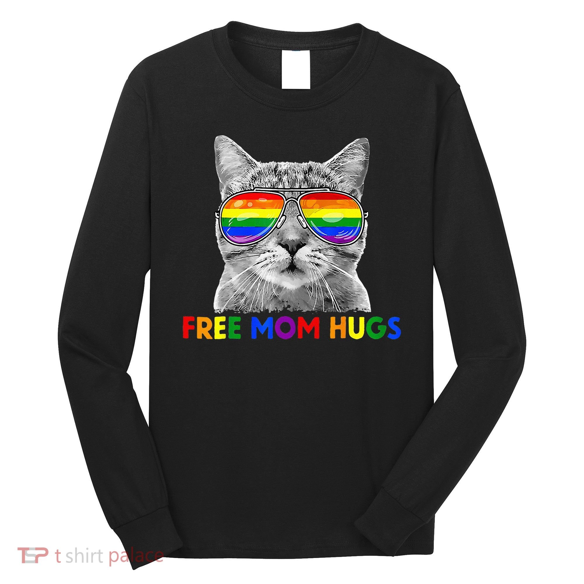Free Mom Hugs Purride Proud Ally Cat Rainbow Flag LGBT Pride Long Sleeve Shirt