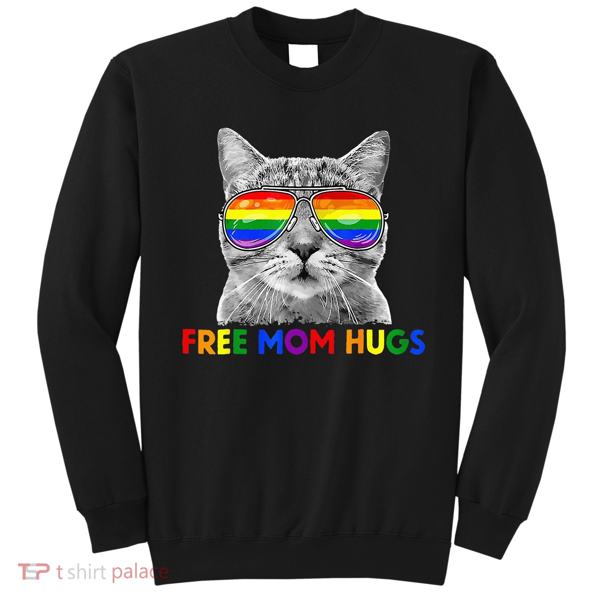 Free Mom Hugs Purride Proud Ally Cat Rainbow Flag LGBT Pride Sweatshirt