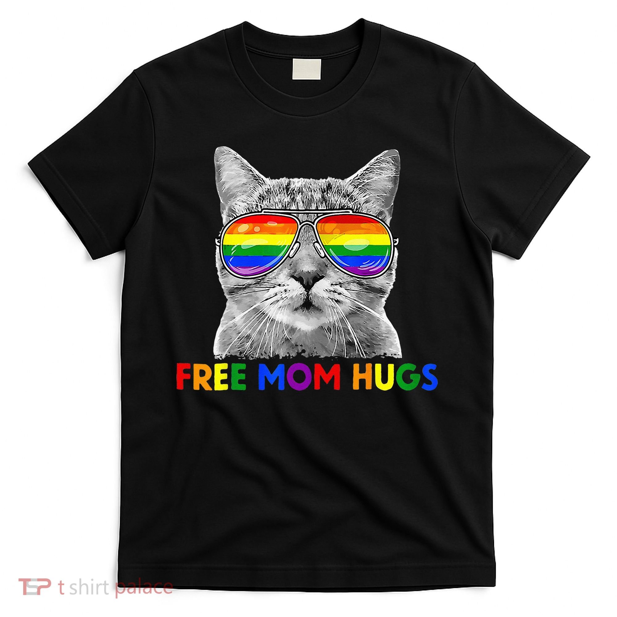 Free Mom Hugs Purride Proud Ally Cat Rainbow Flag LGBT Pride T-Shirt
