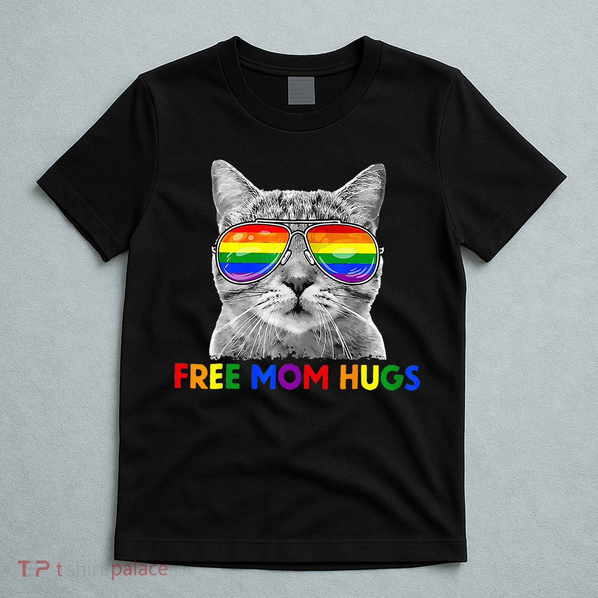 Free Mom Hugs Purride Proud Ally Cat Rainbow Flag LGBT Pride T-Shirt