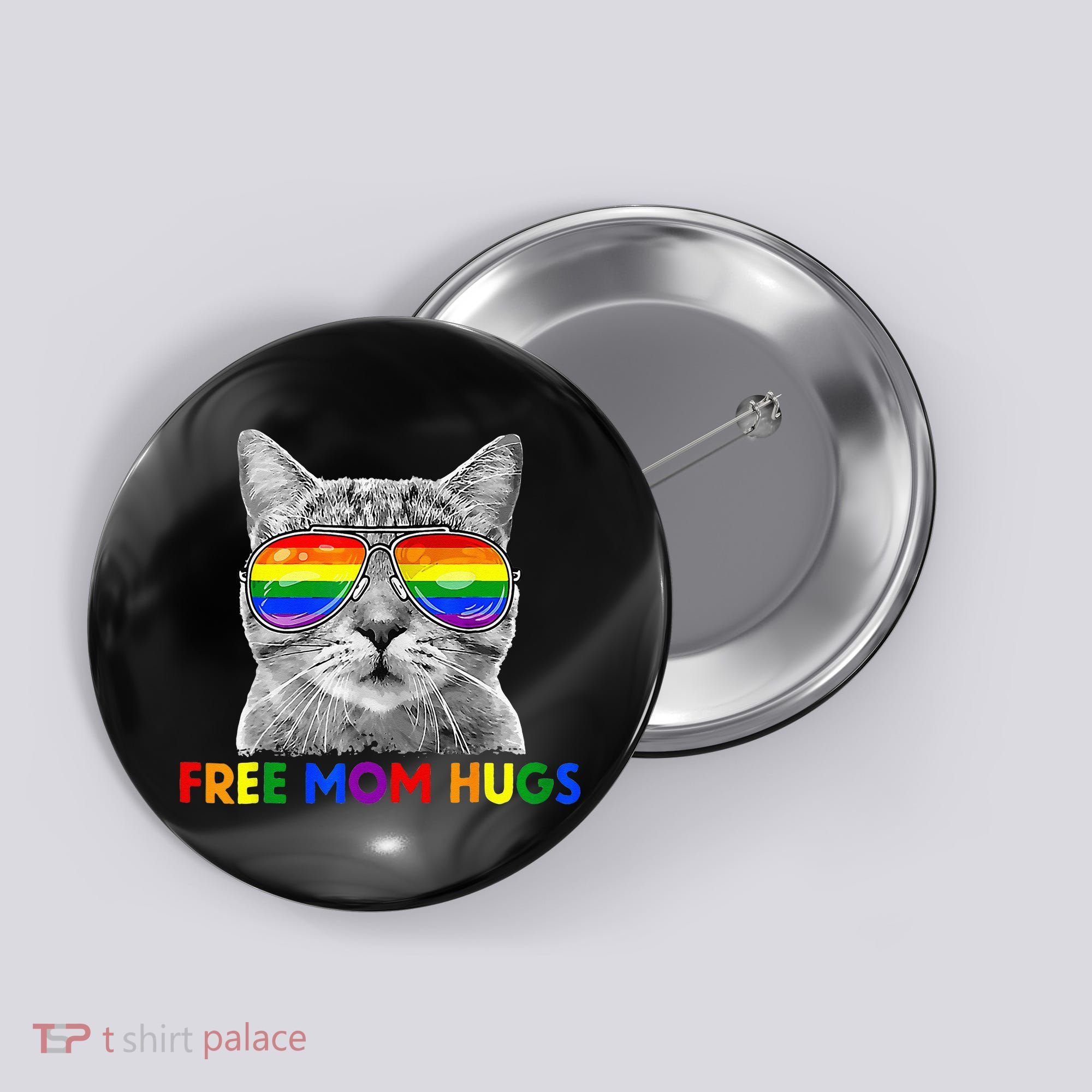 Free Mom Hugs Purride Proud Ally Cat Rainbow Flag LGBT Pride Button