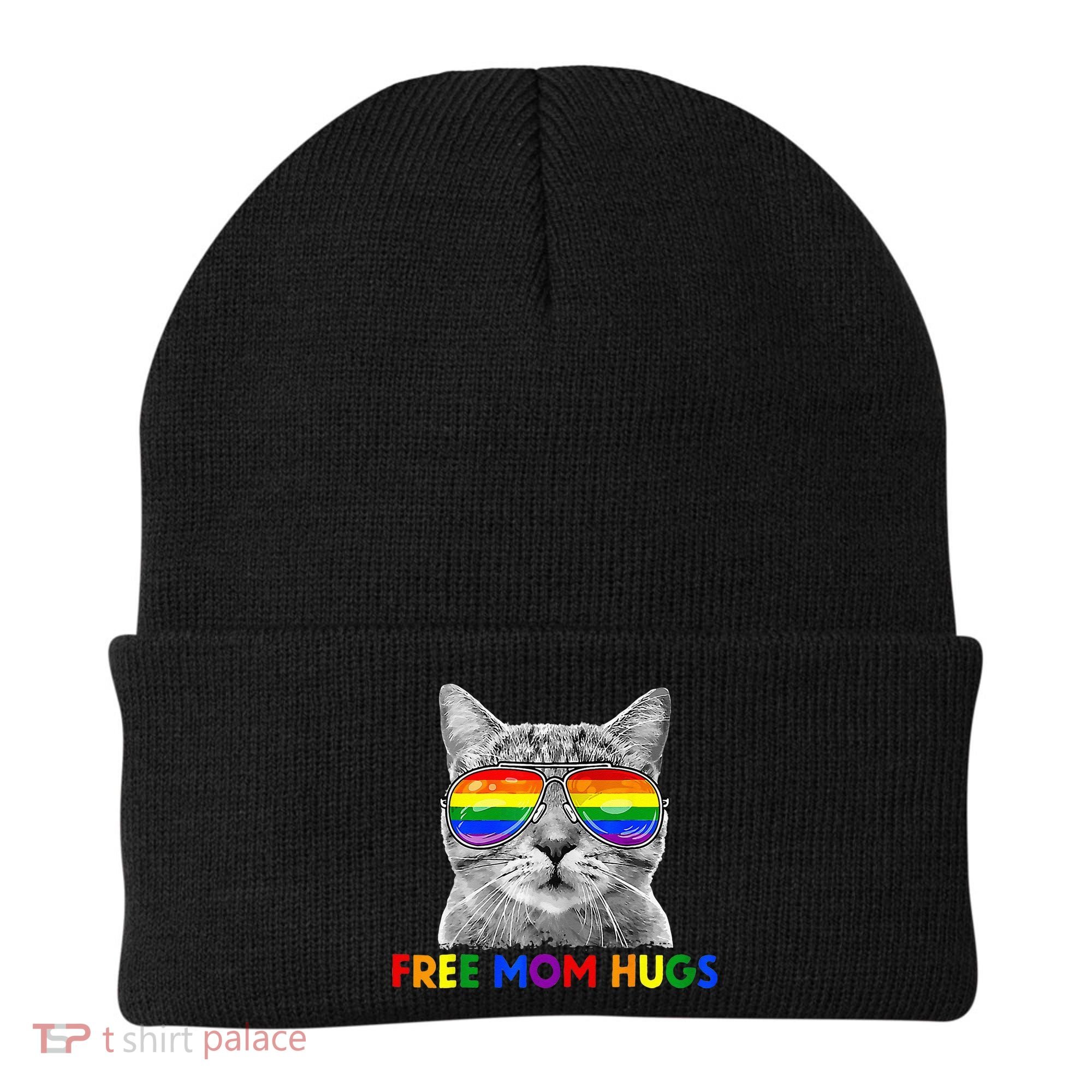 Free Mom Hugs Purride Proud Ally Cat Rainbow Flag LGBT Pride Beanie