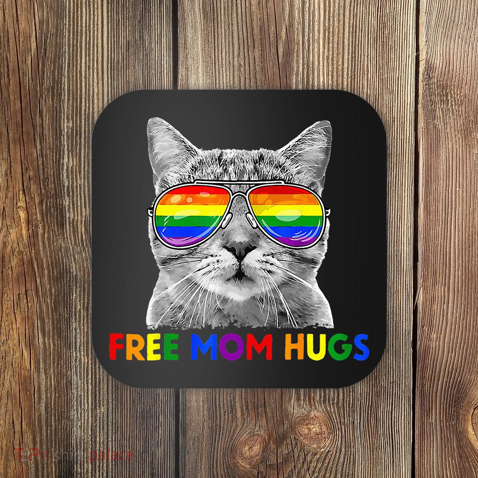 Free Mom Hugs Purride Proud Ally Cat Rainbow Flag LGBT Pride Coaster