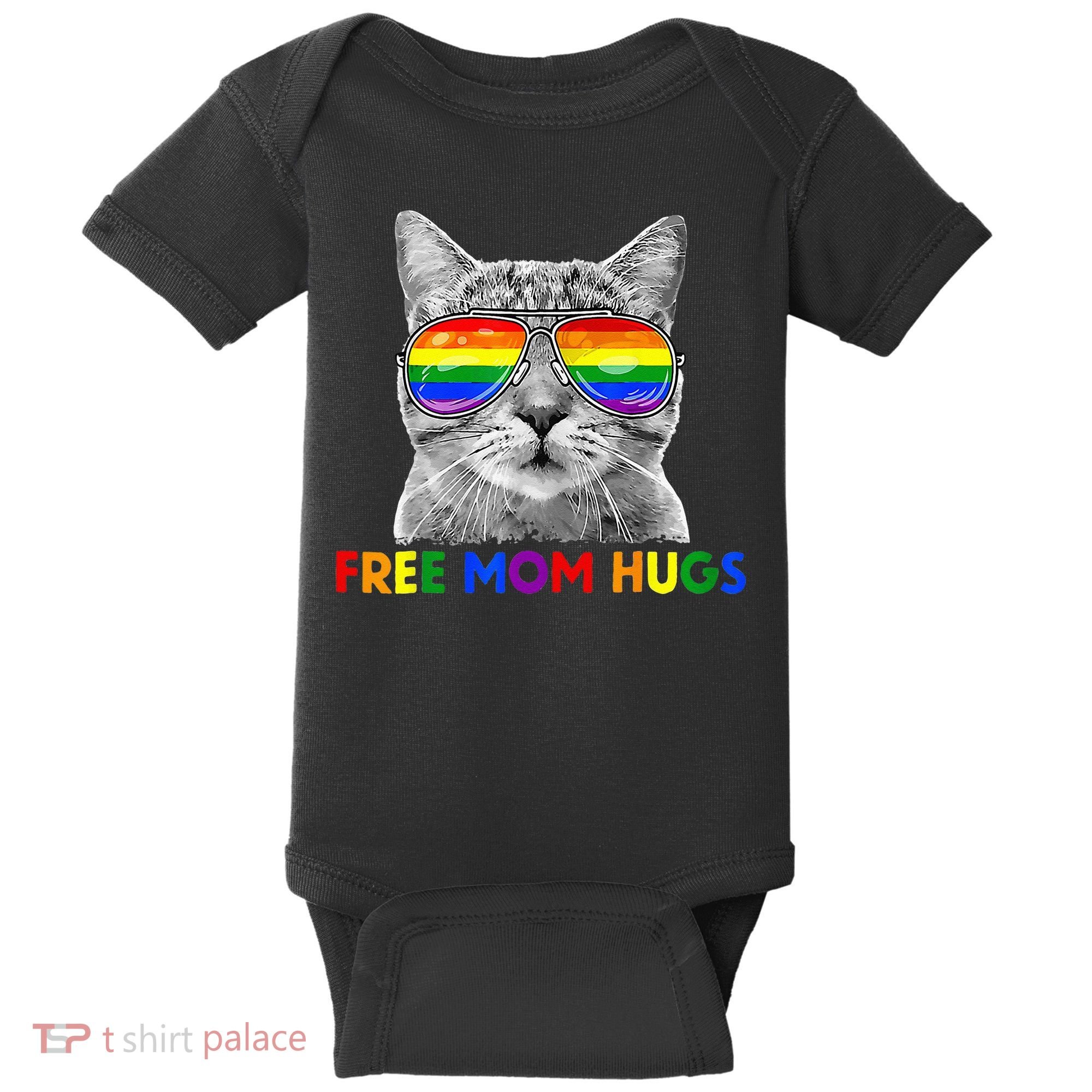 Free Mom Hugs Purride Proud Ally Cat Rainbow Flag LGBT Pride Baby Bodysuit