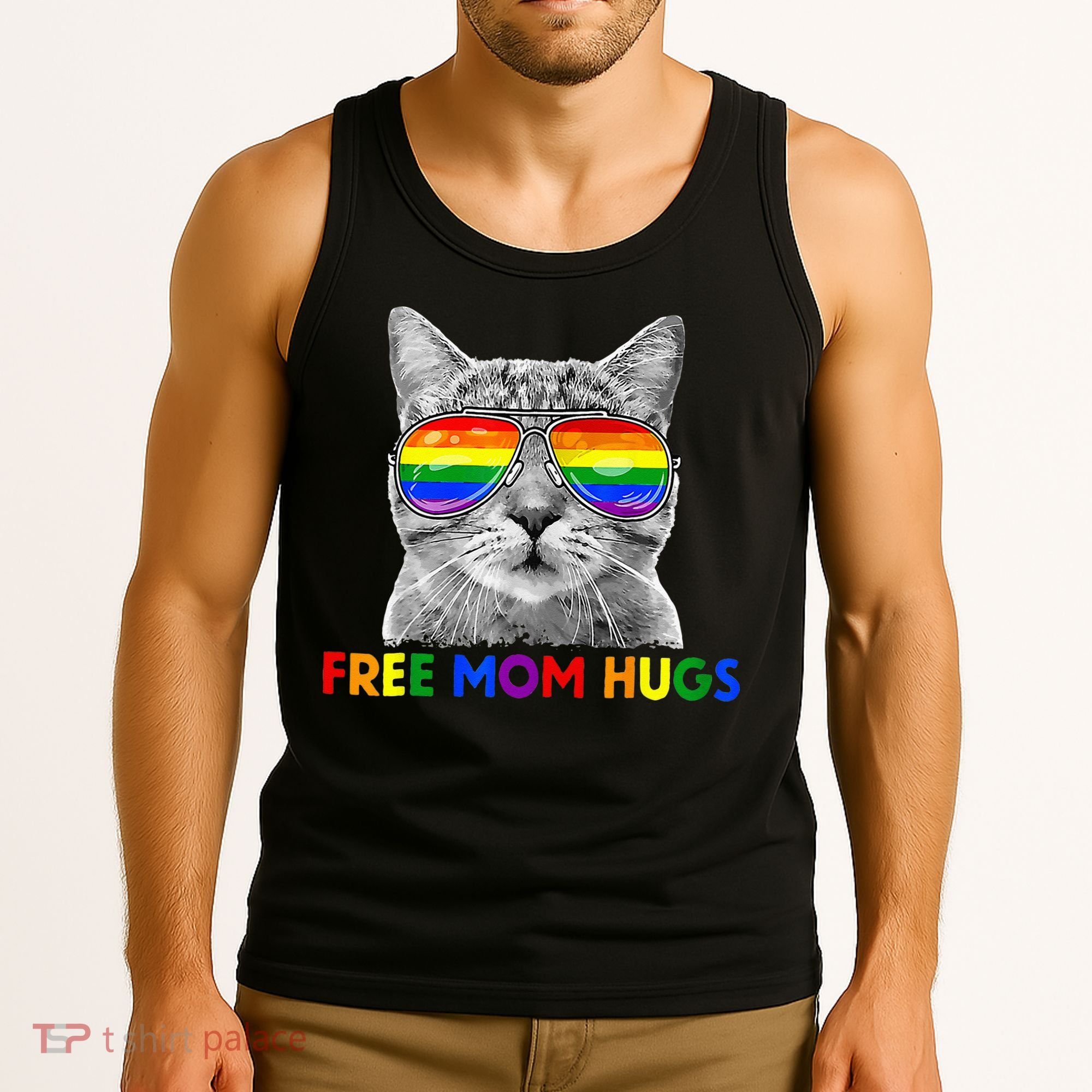 Free Mom Hugs Purride Proud Ally Cat Rainbow Flag LGBT Pride Tank Top